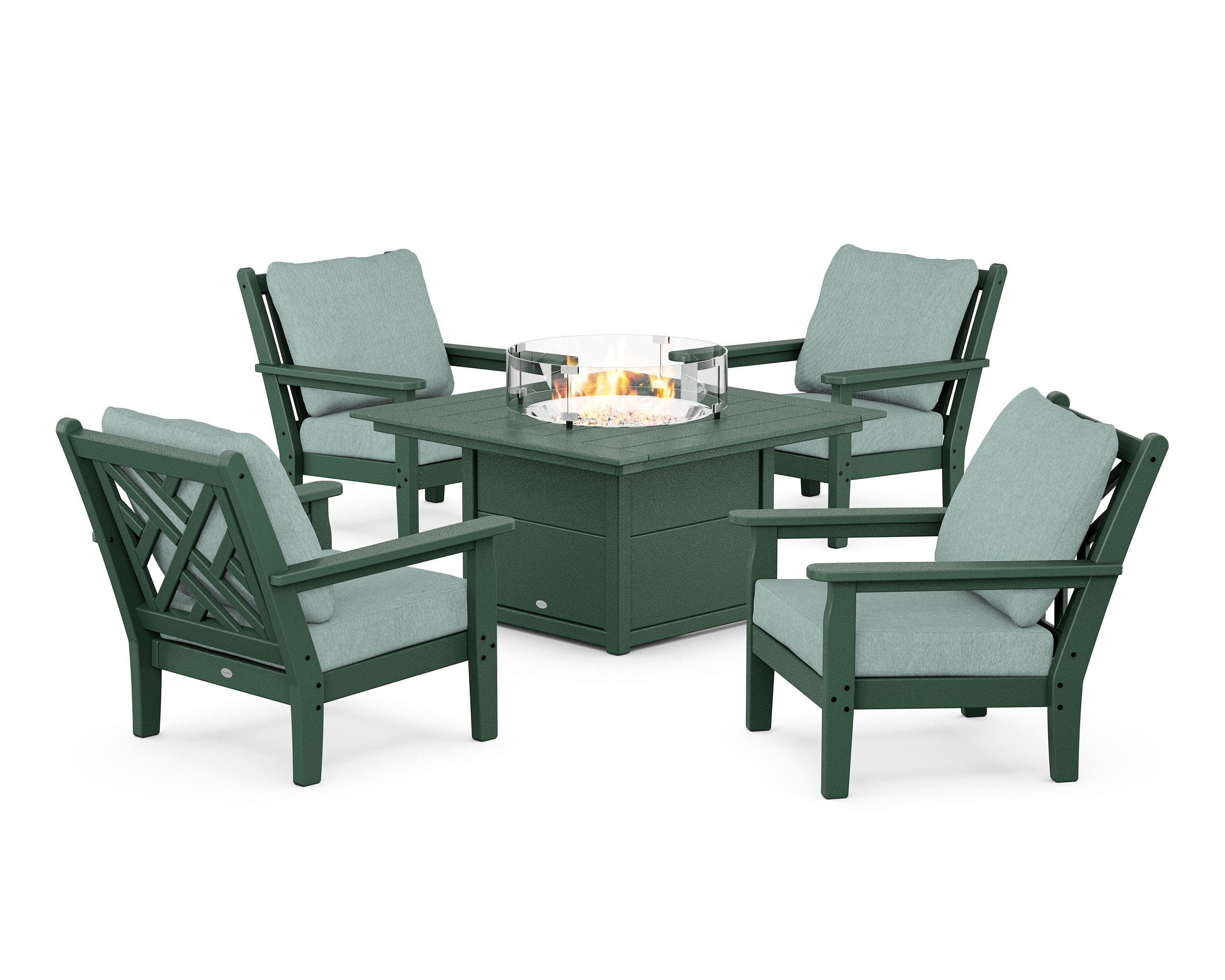 POLYWOOD Chippendale 5-Piece Deep Seating Set with Fire Pit Table in Green / Glacier Spa