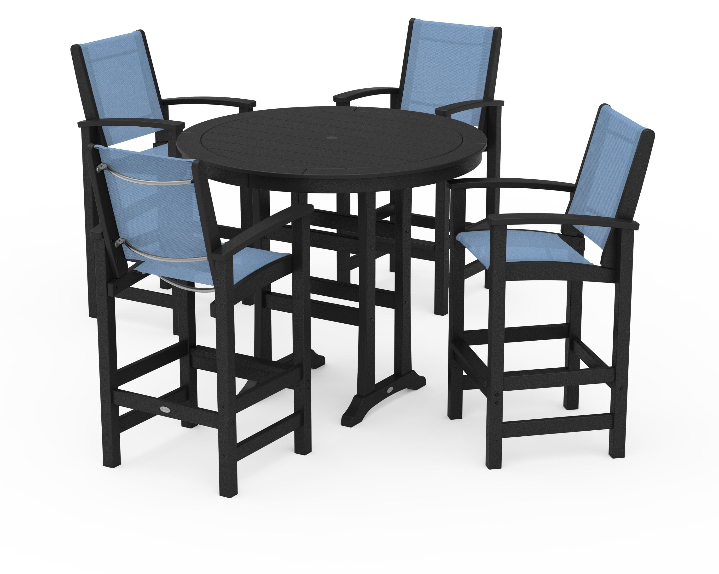 POLYWOOD Coastal 5-Piece Nautical Trestle Bar Set in Black / Poolside Sling