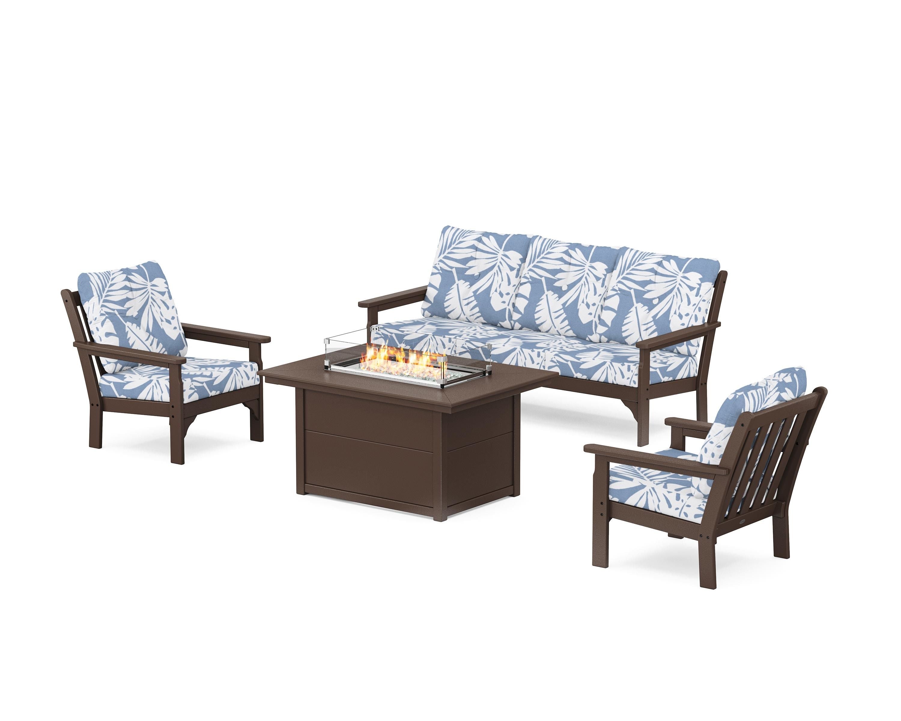 POLYWOOD Vineyard Deep Seating Fire Pit Table Set in Mahogany / Leaf Sky Blue