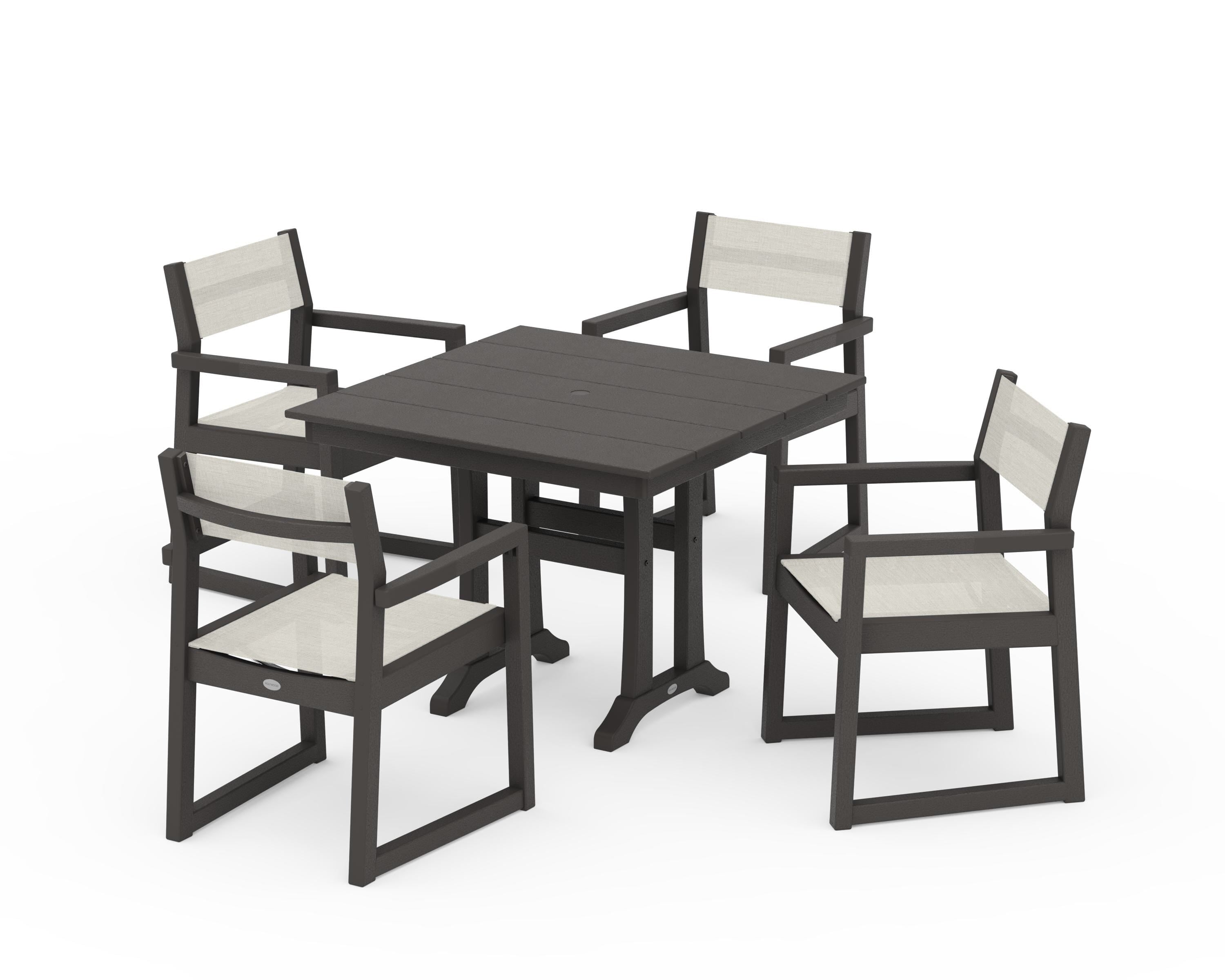 POLYWOOD EDGE Sling 5-Piece Farmhouse Dining Set with Trestle Legs in Vintage Coffee / Parchment Sling