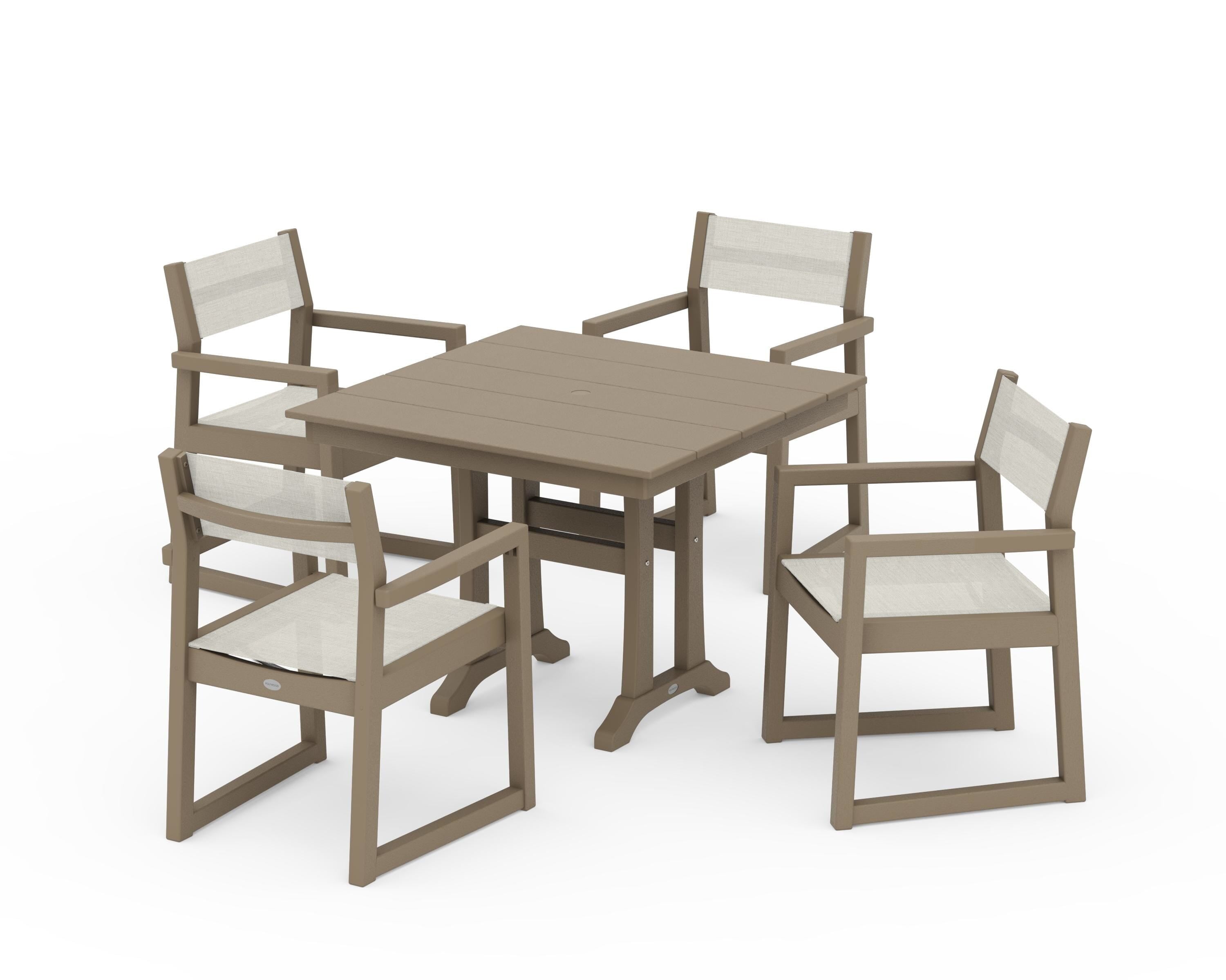 POLYWOOD EDGE Sling 5-Piece Farmhouse Dining Set with Trestle Legs in Vintage Sahara / Parchment Sling