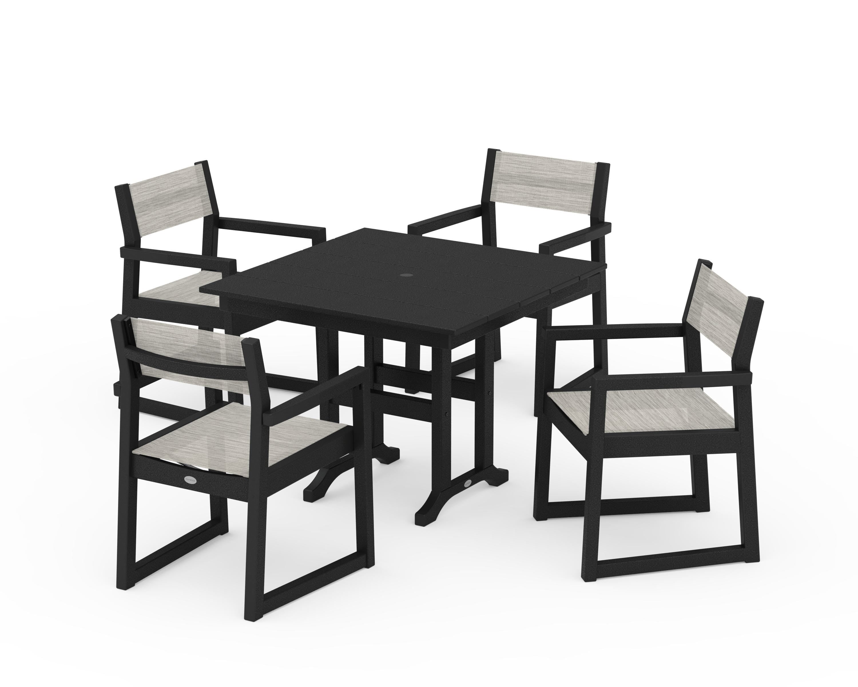 POLYWOOD EDGE Sling Arm Chair 5-Piece Farmhouse Dining Set in Black / Birch Sling