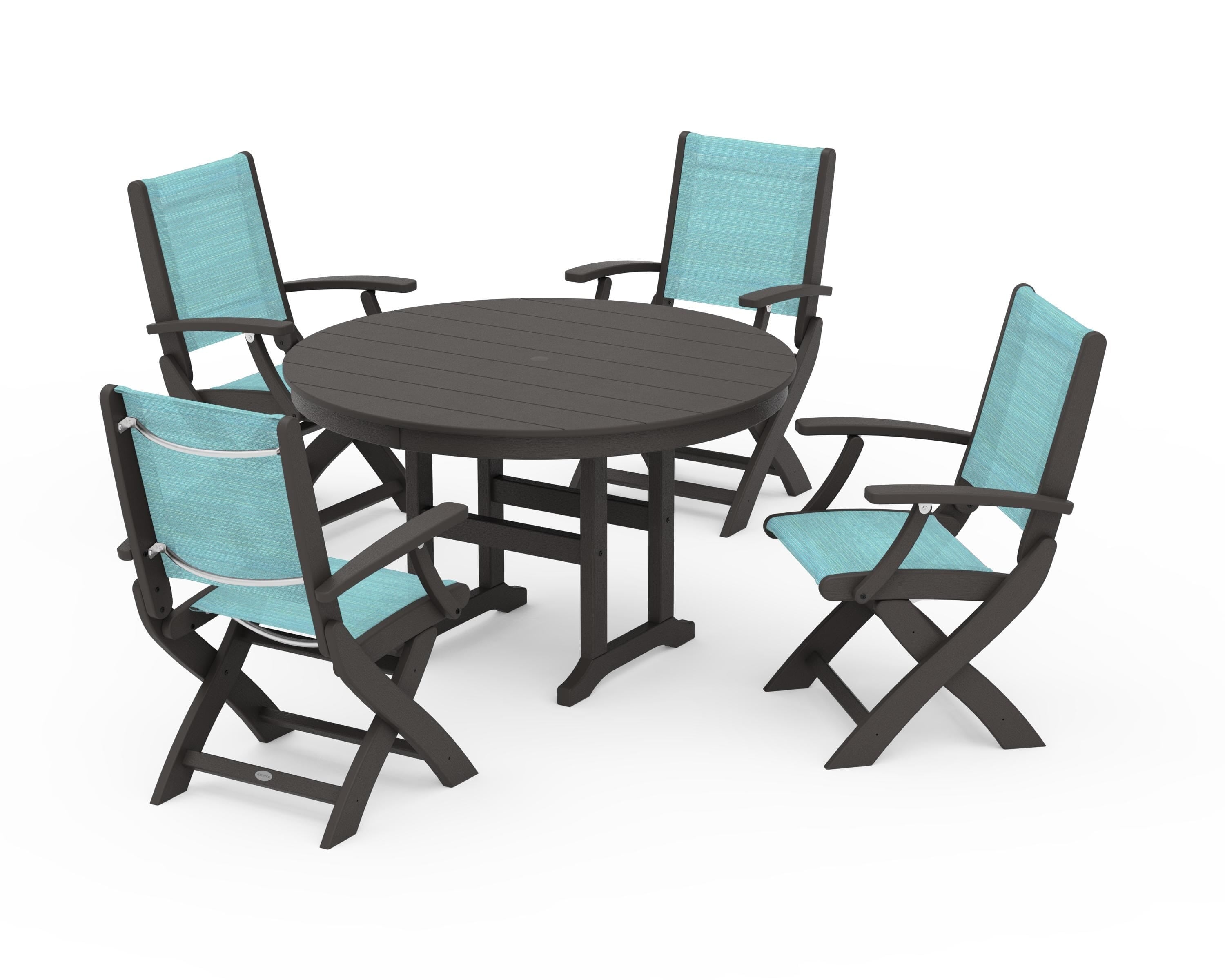 POLYWOOD Coastal Folding Chair 5-Piece Round Dining Set in Vintage Coffee / Dupioni Aquamarine Sling