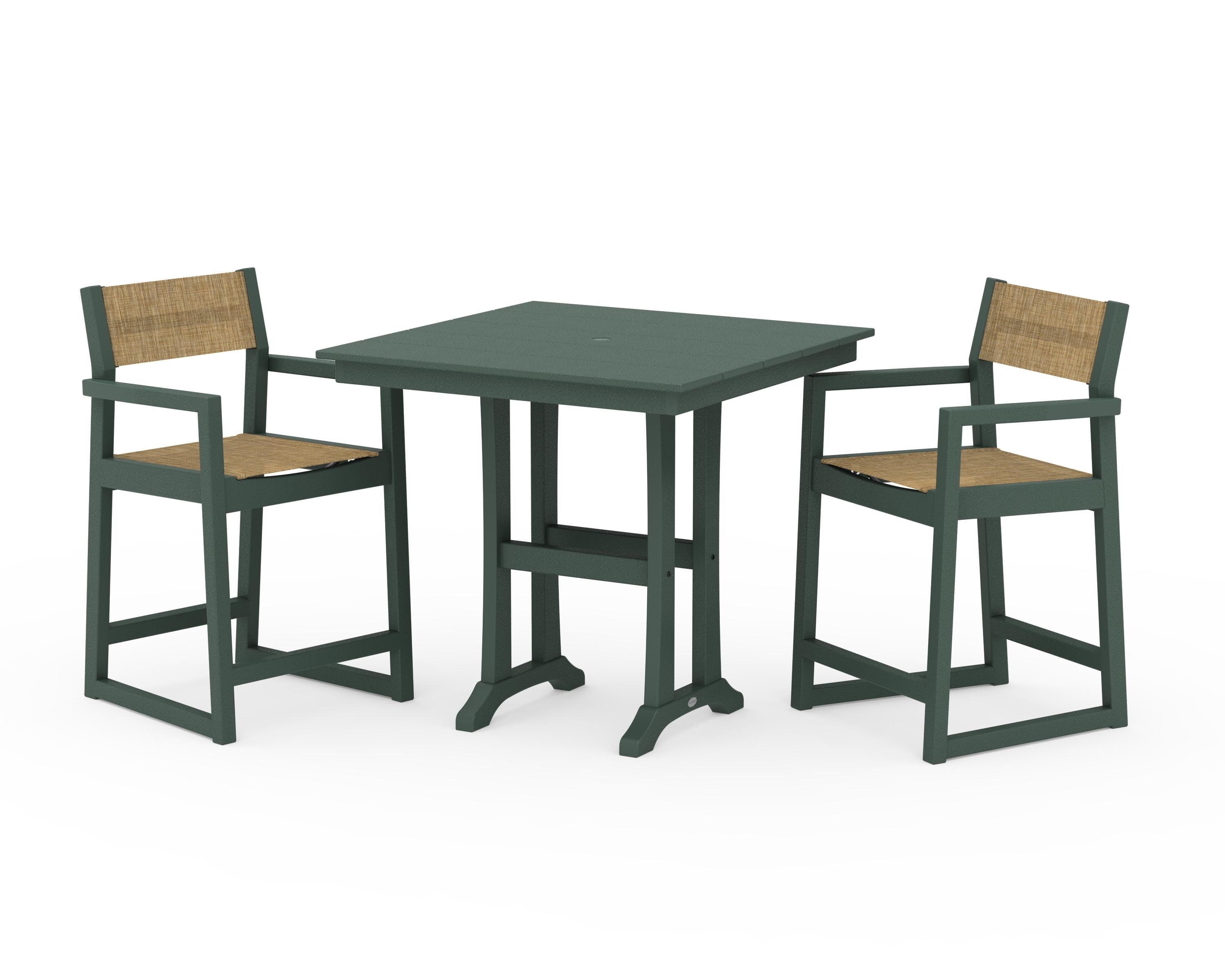 POLYWOOD EDGE Sling Arm Chair 3-Piece Farmhouse Counter Set with Trestle Legs in Green / Burlap Sling
