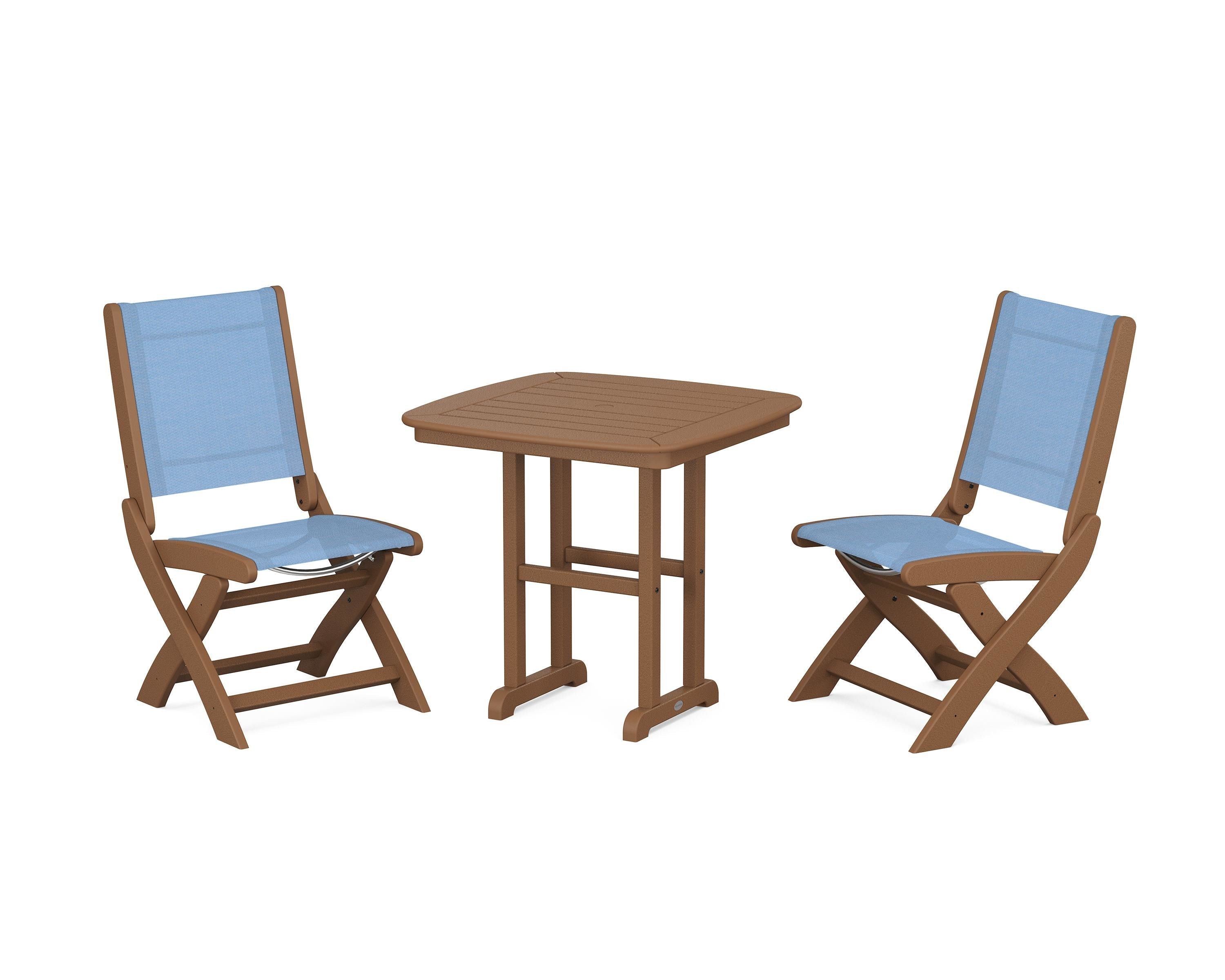 POLYWOOD Coastal Folding Side Chair 3-Piece Dining Set in Teak / Poolside Sling