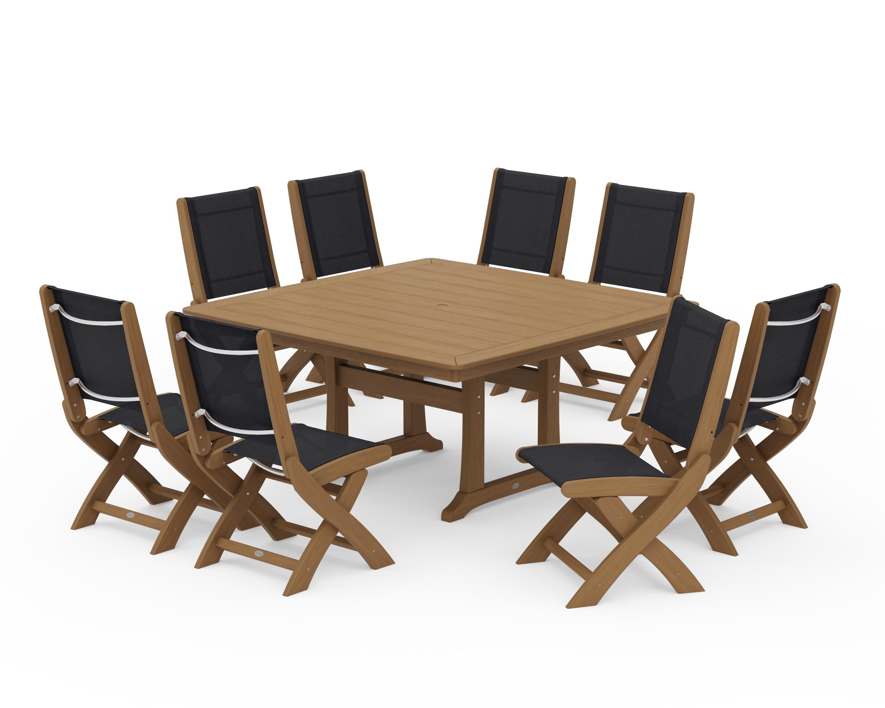 POLYWOOD Coastal Folding Side Chair 9-Piece Dining Set with Trestle Legs in Natural / Black Sling