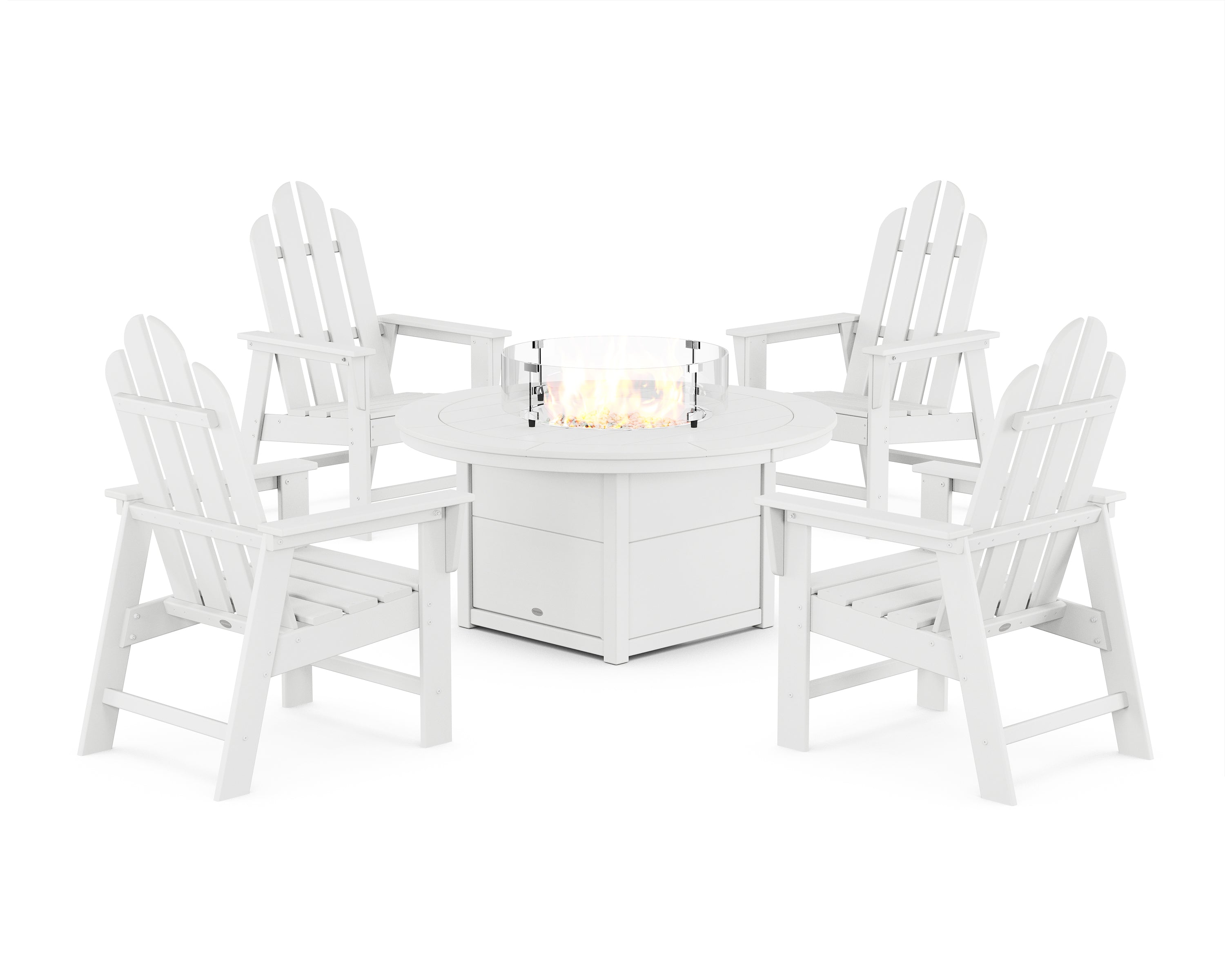 POLYWOOD Long Island 4-Piece Upright Adirondack Conversation Set with Fire Pit Table in White