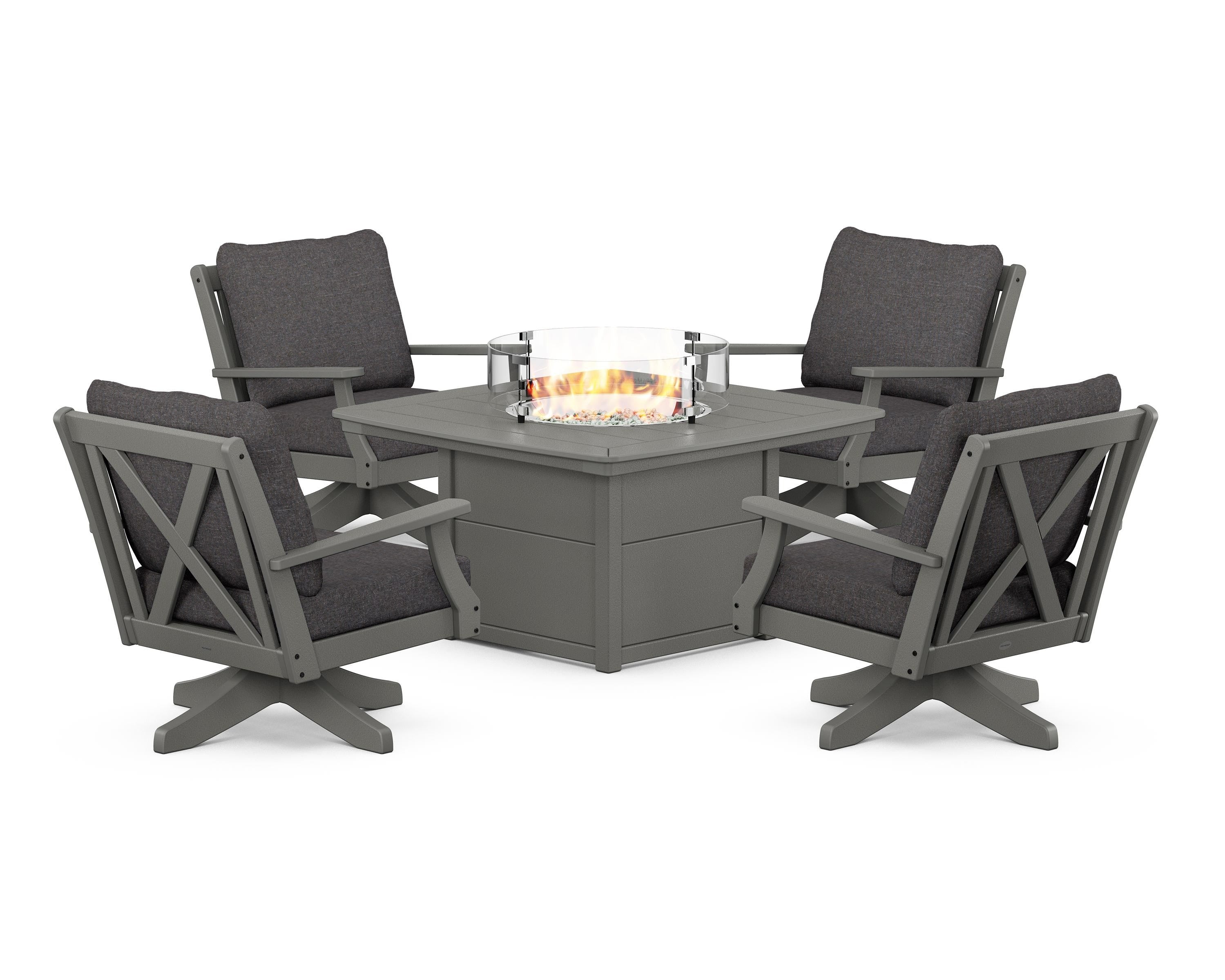 POLYWOOD Braxton 5-Piece Deep Seating Swivel Conversation Set with Fire Pit Table in Slate Grey / Ash Charcoal