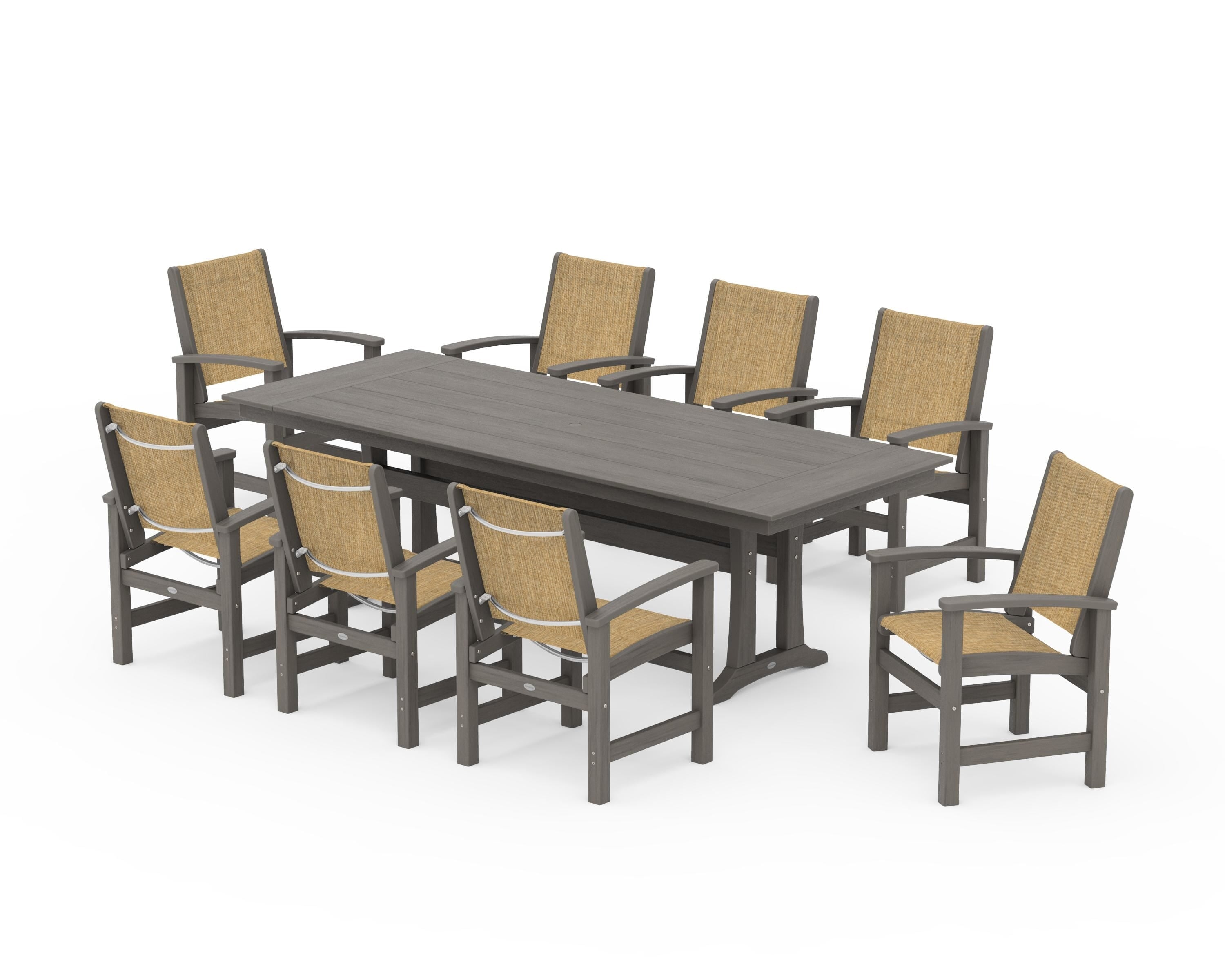 POLYWOOD Coastal 9-Piece Farmhouse Dining Set with Trestle Legs in Driftwood / Burlap Sling
