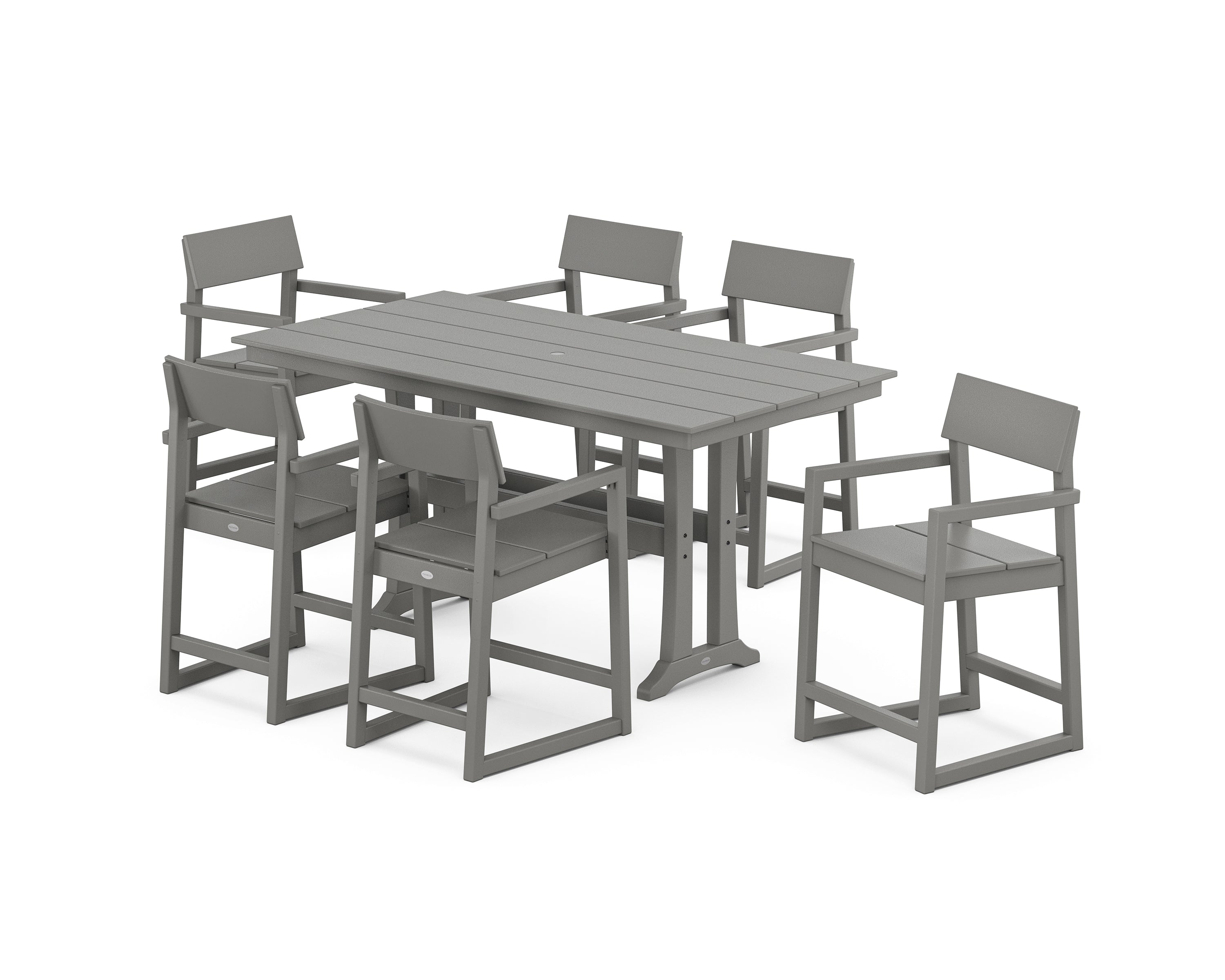 POLYWOOD EDGE Arm Chair 7-Piece Farmhouse Counter Set with Trestle Legs in Slate Grey