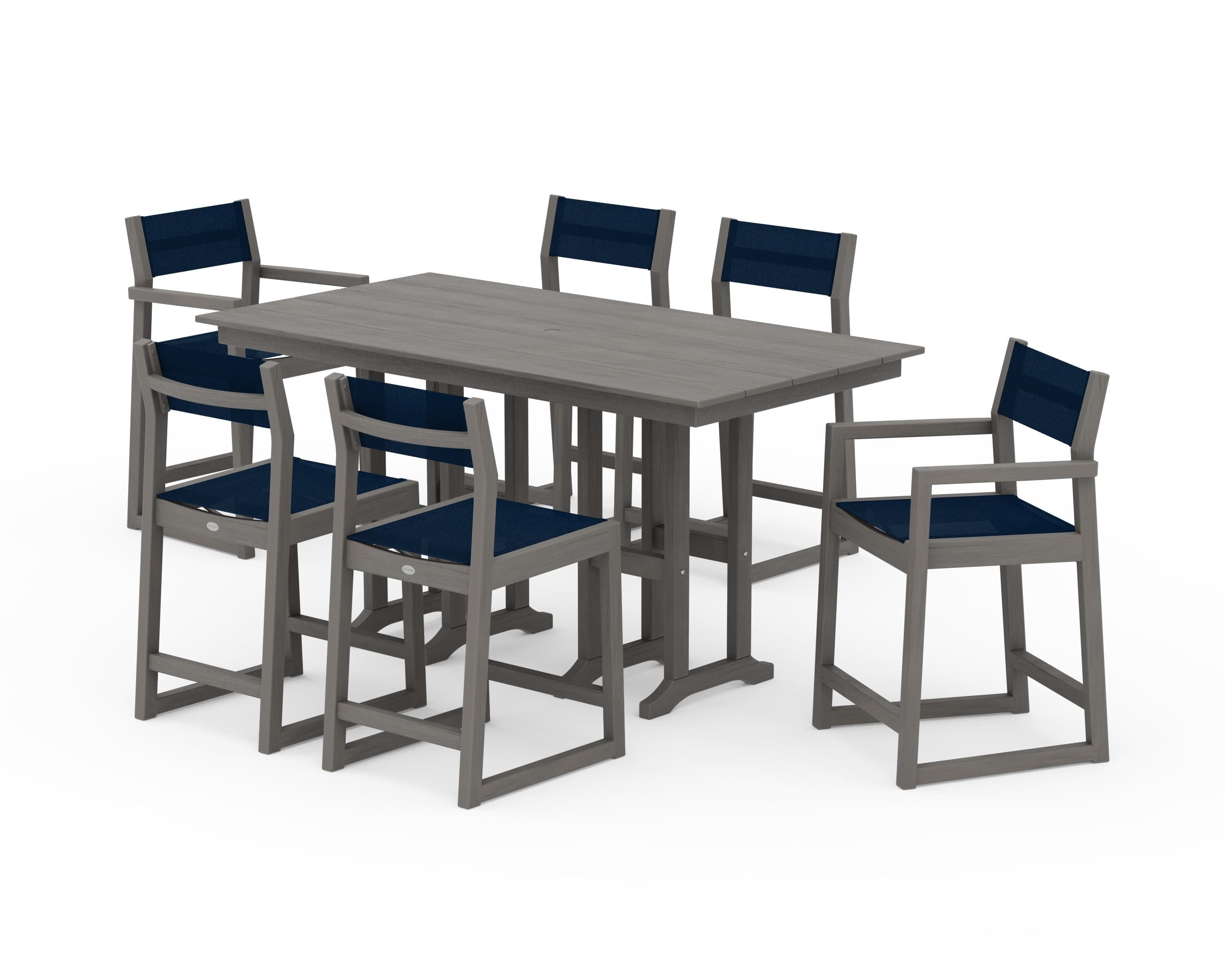POLYWOOD EDGE Sling 7-Piece Farmhouse Counter Set with Trestle Legs in Driftwood / Navy Blue Sling