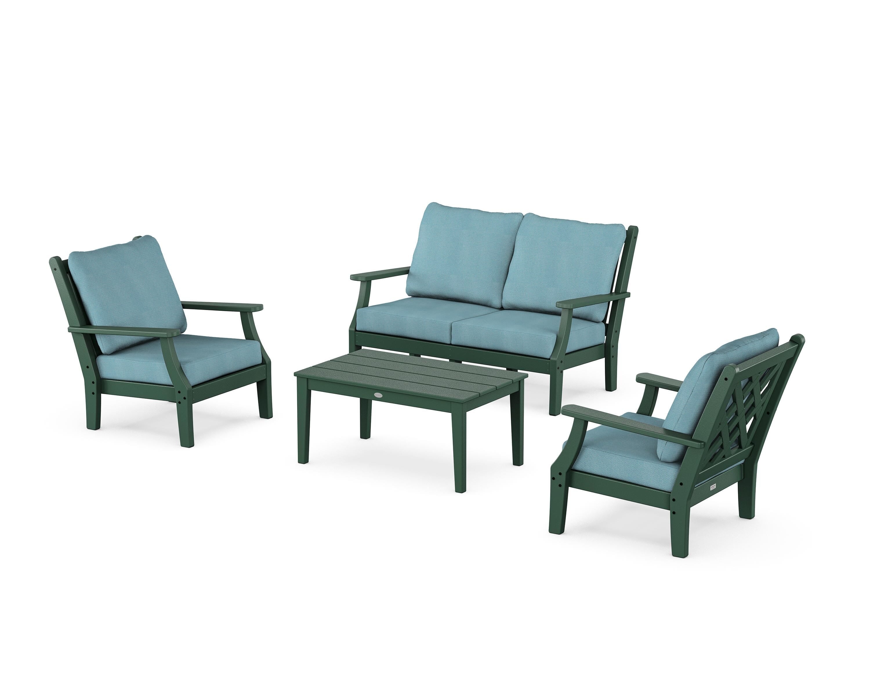 Country Living Wovendale 4-Piece Deep Seating Set with Loveseat in Green / Lattice Sky Blue