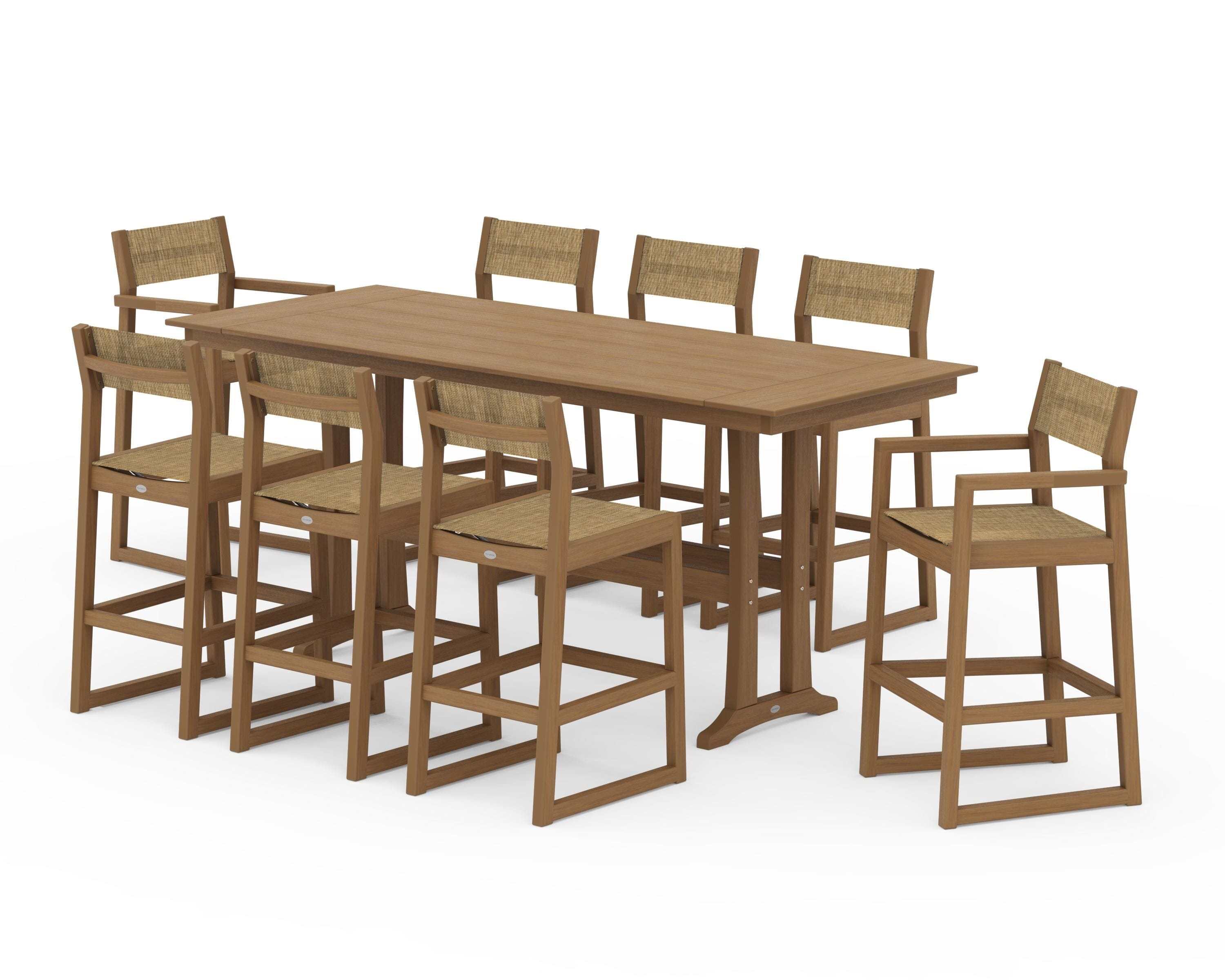 POLYWOOD EDGE Sling 9-Piece Farmhouse Bar Set with Trestle Legs in Natural / Burlap Sling