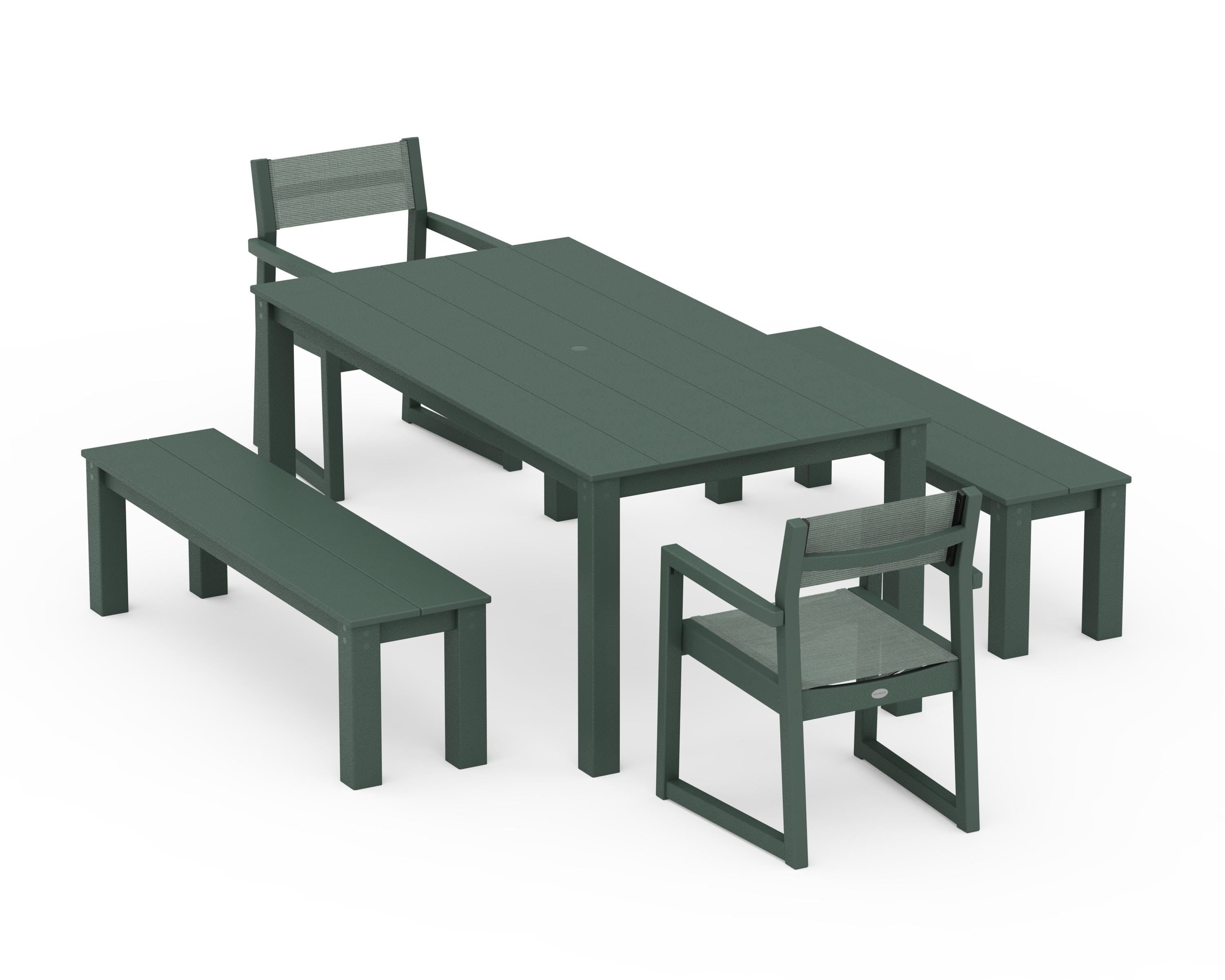 POLYWOOD EDGE Sling Arm Chair 5-Piece Parsons Dining Set with Benches in Green / Dupioni Sea Mist Sling