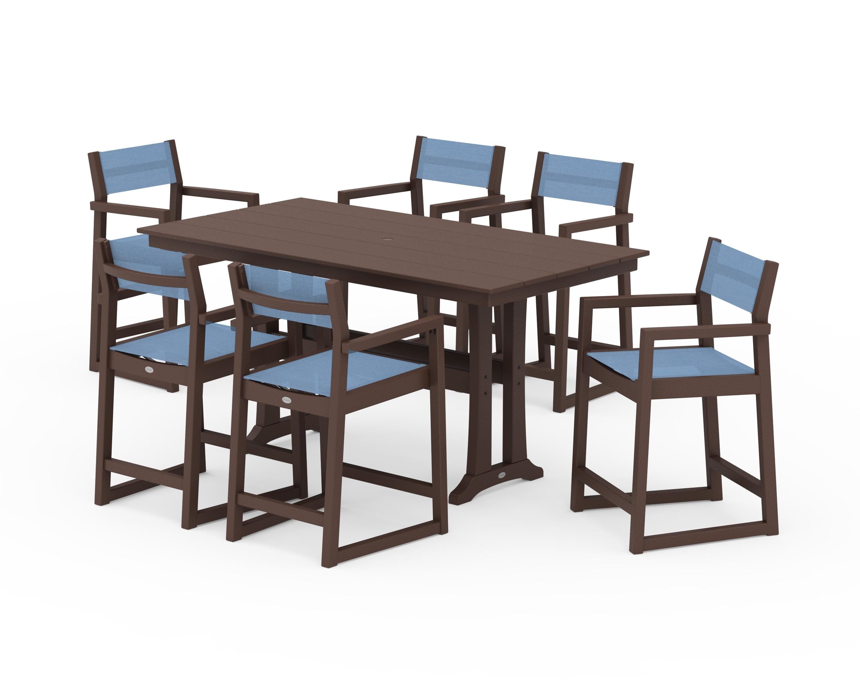 POLYWOOD EDGE Sling Arm Chair 7-Piece Farmhouse Counter Set with Trestle Legs in Mahogany / Poolside Sling