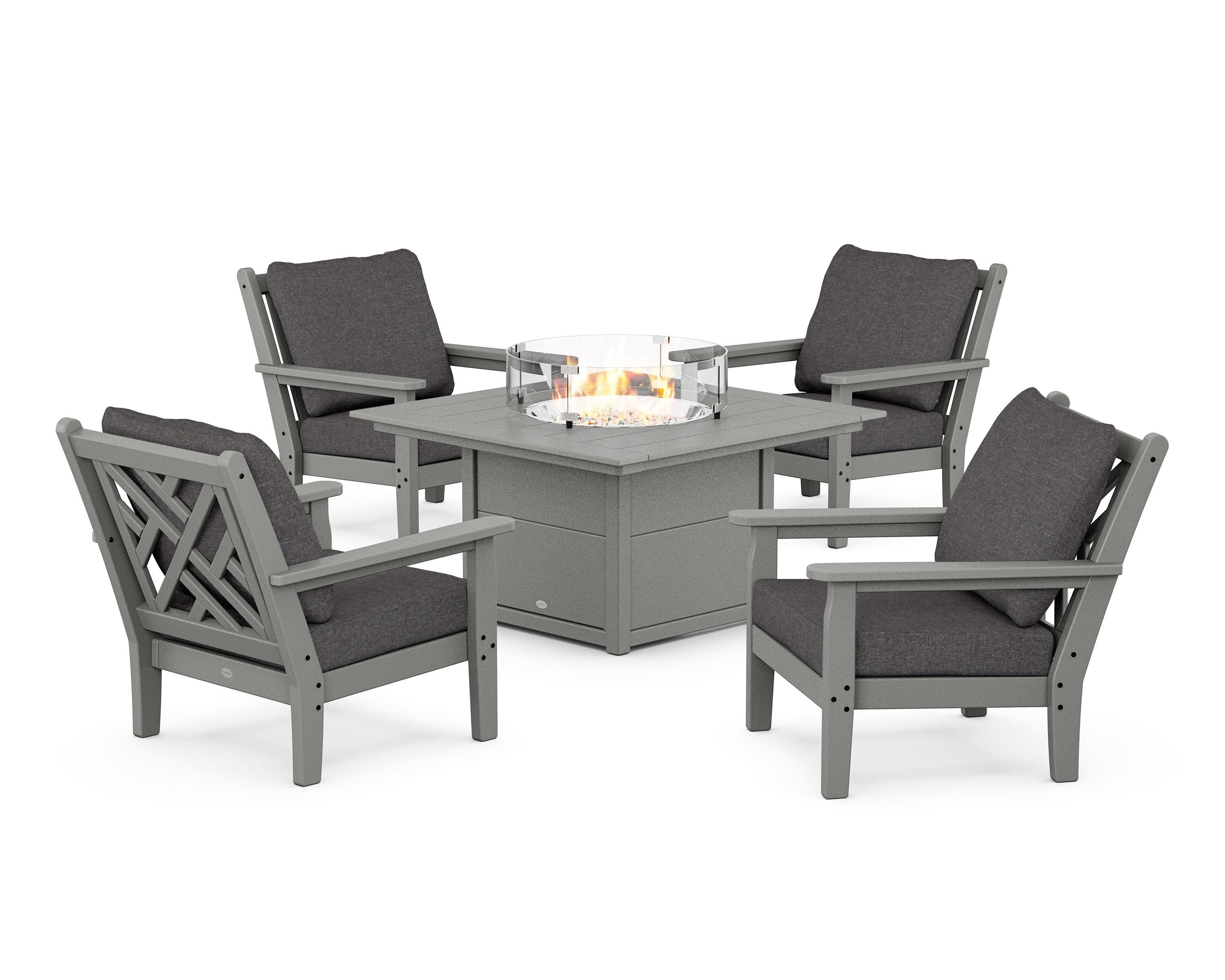 POLYWOOD Chippendale 5-Piece Deep Seating Set with Fire Pit Table in Slate Grey / Ash Charcoal