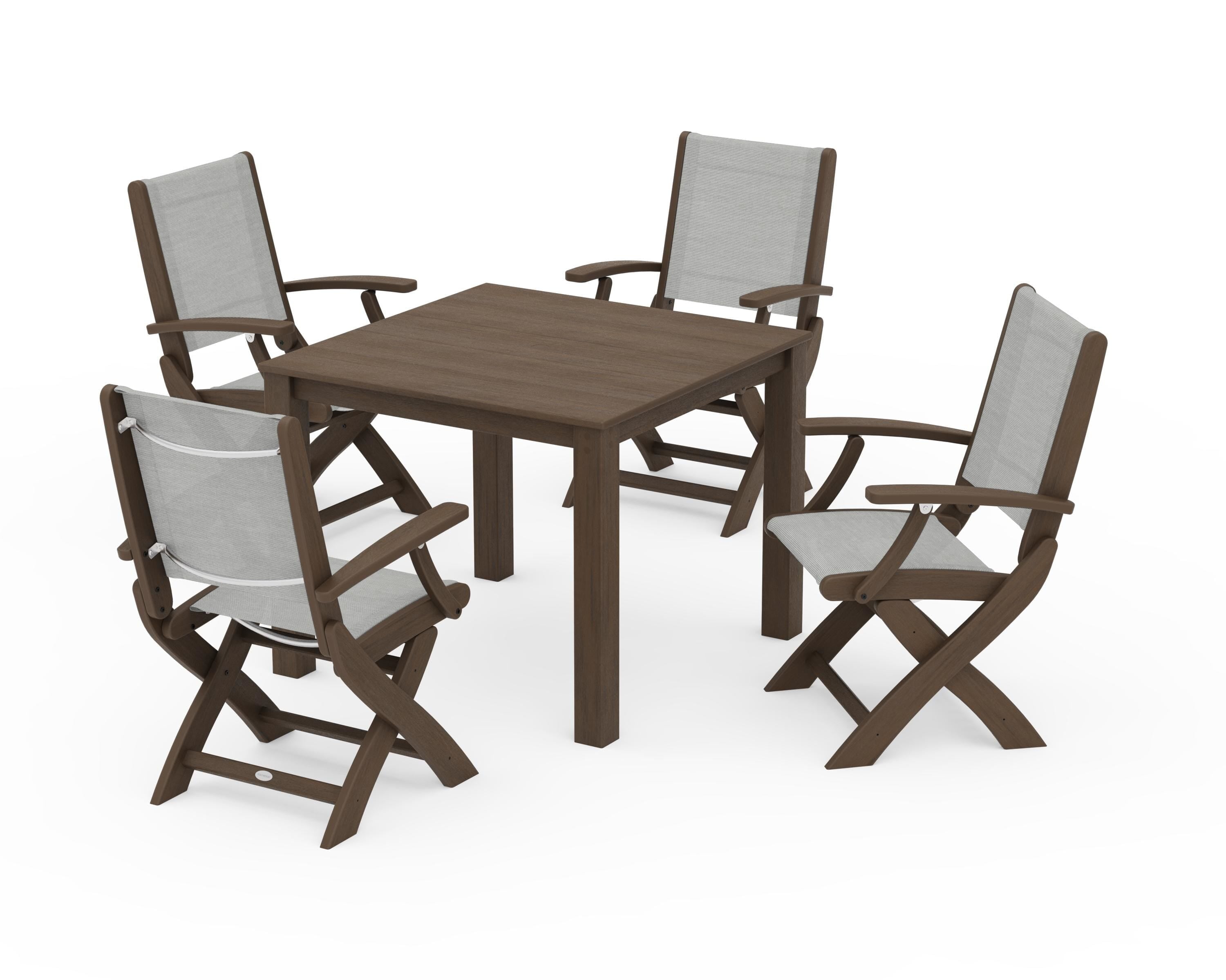 POLYWOOD Coastal Folding Chair 5-Piece Parsons Dining Set in Kona / Metallic Sling