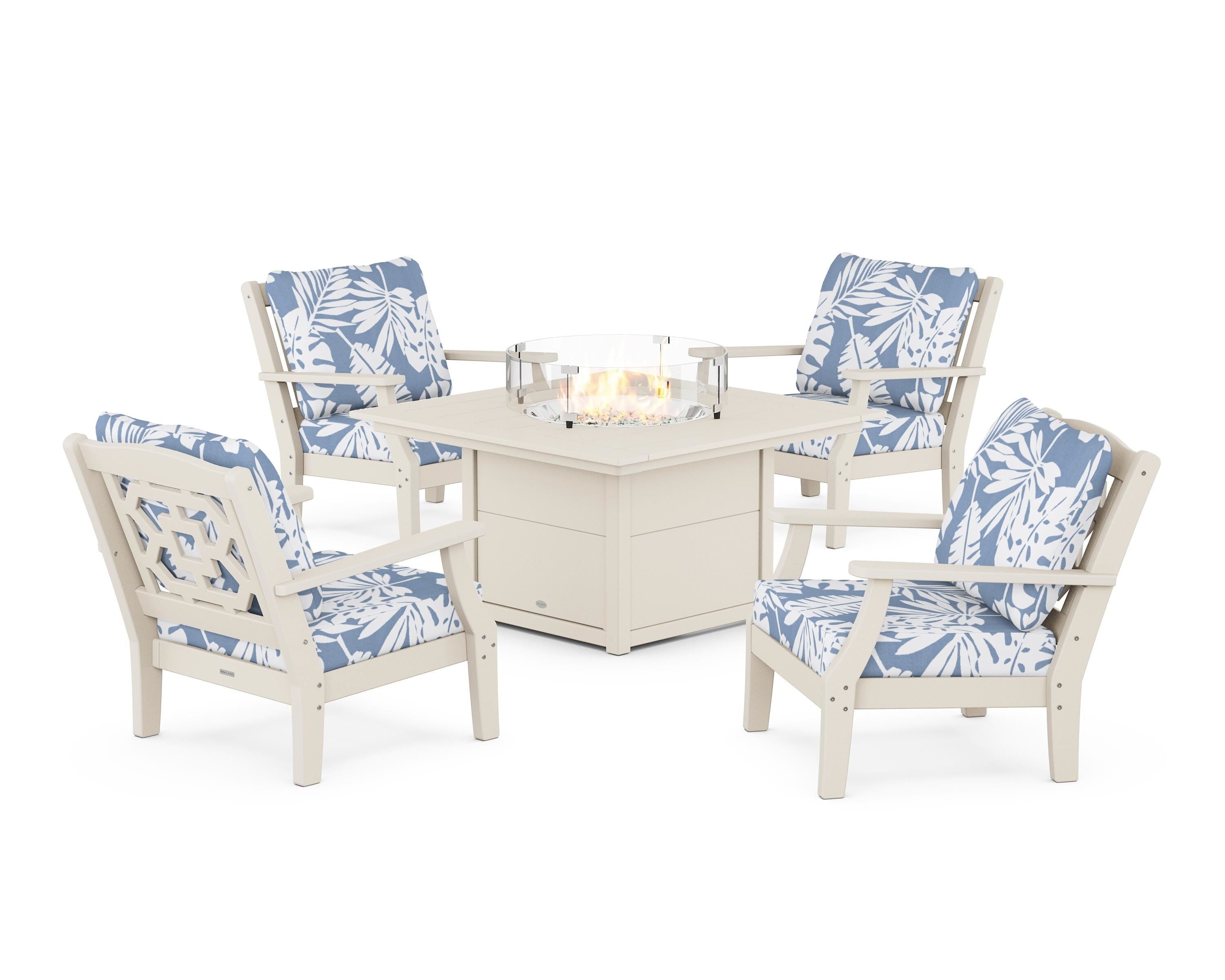 Martha Stewart by POLYWOOD Chinoiserie 5-Piece Deep Seating Set with Fire Pit Table in Sand / Leaf Sky Blue