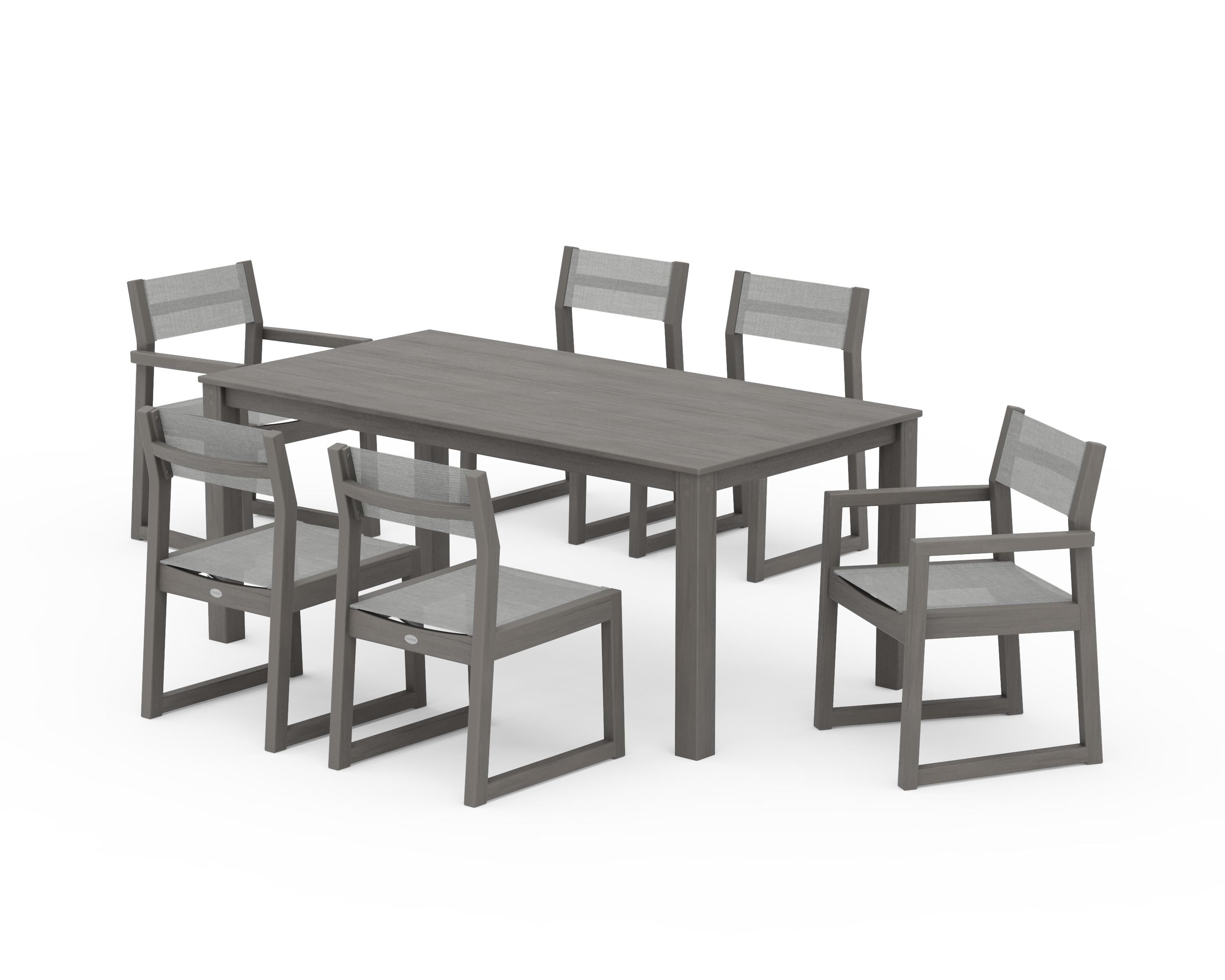 POLYWOOD EDGE Sling 7-Piece Parsons Dining Set in Driftwood / Metallic Sling