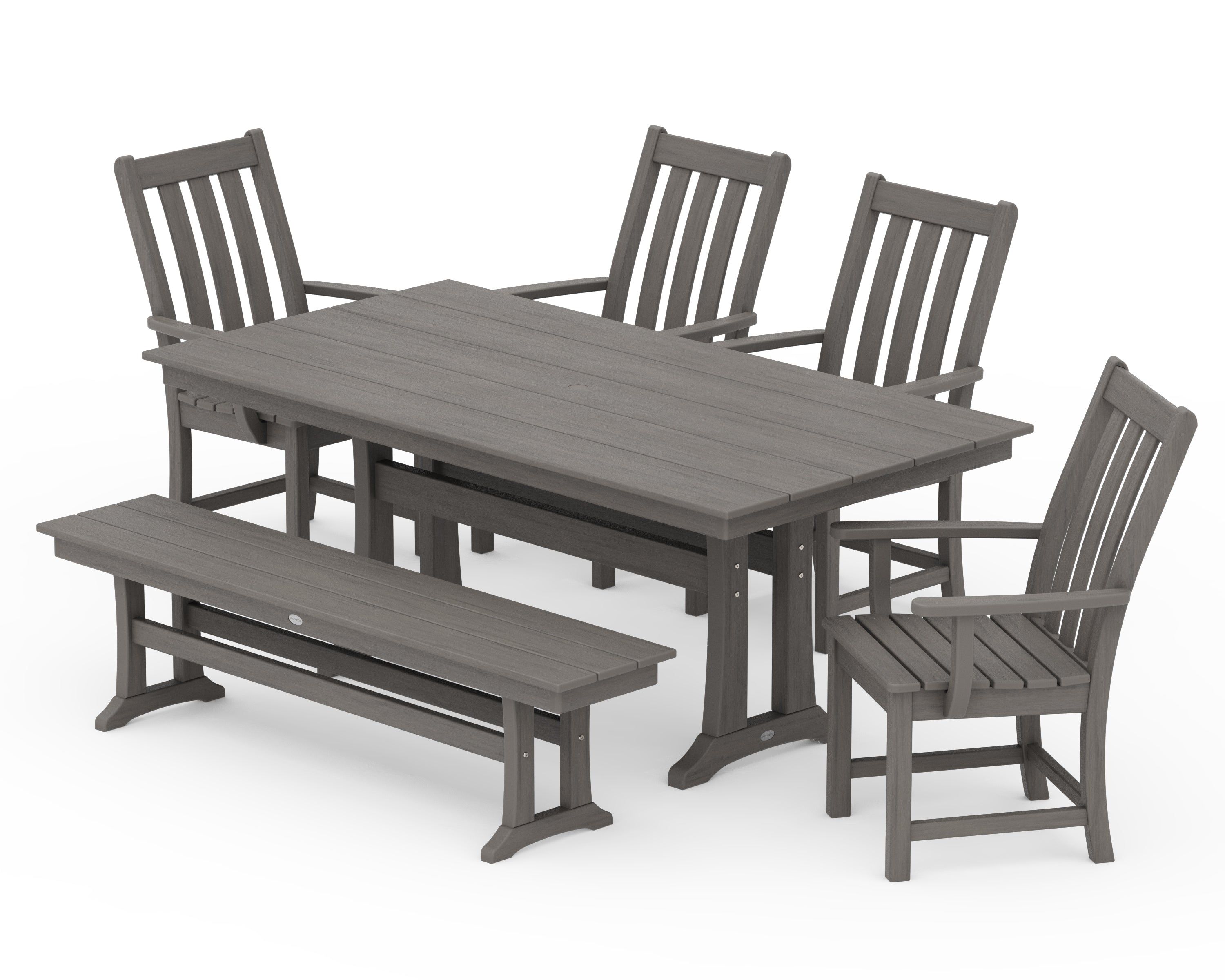 POLYWOOD Vineyard 6-Piece Arm Chair Farmhouse Dining Set with Trestle Legs and Bench in Driftwood