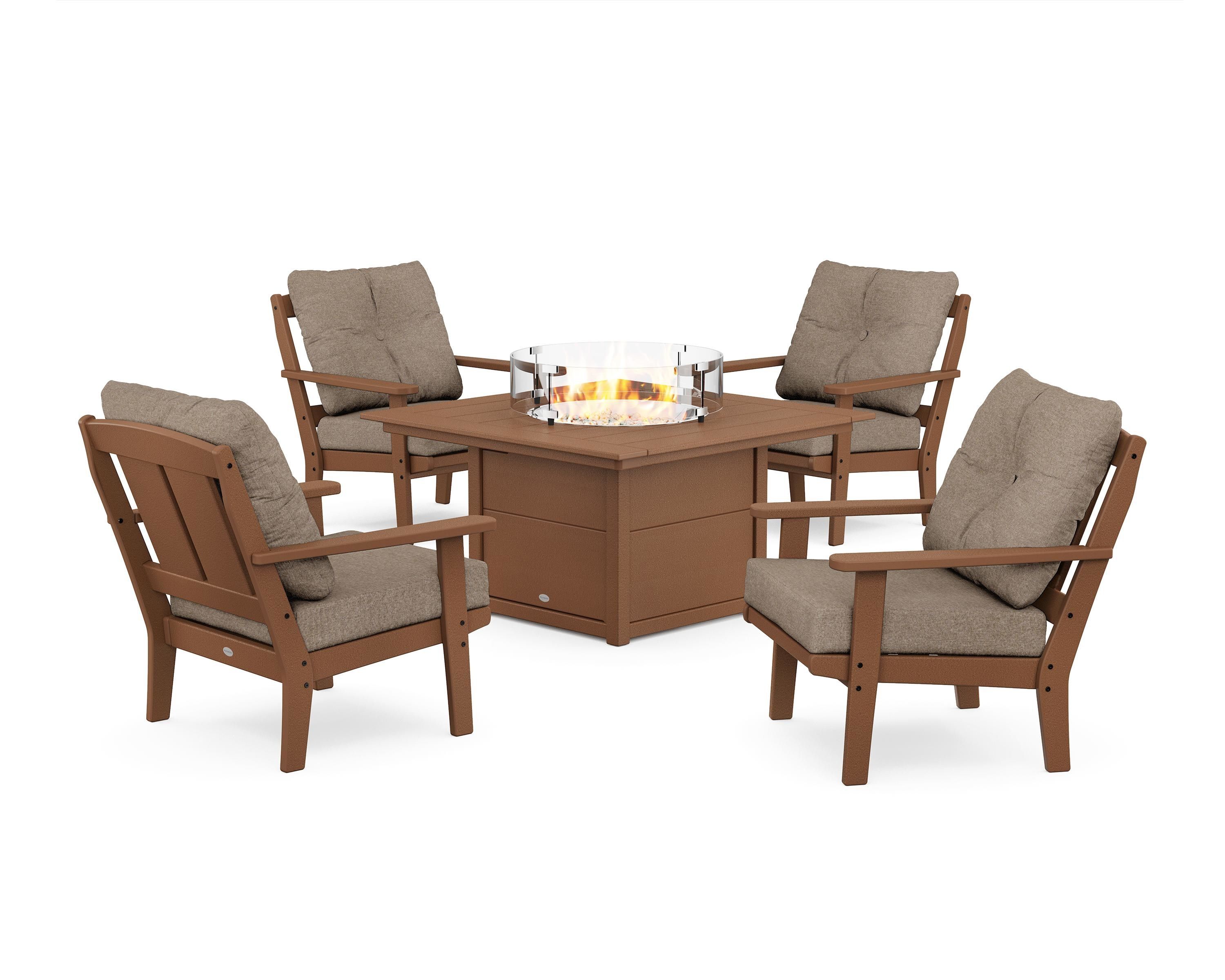 POLYWOOD Mission 5-Piece Deep Seating Set with Fire Pit Table in Teak / Spiced Burlap