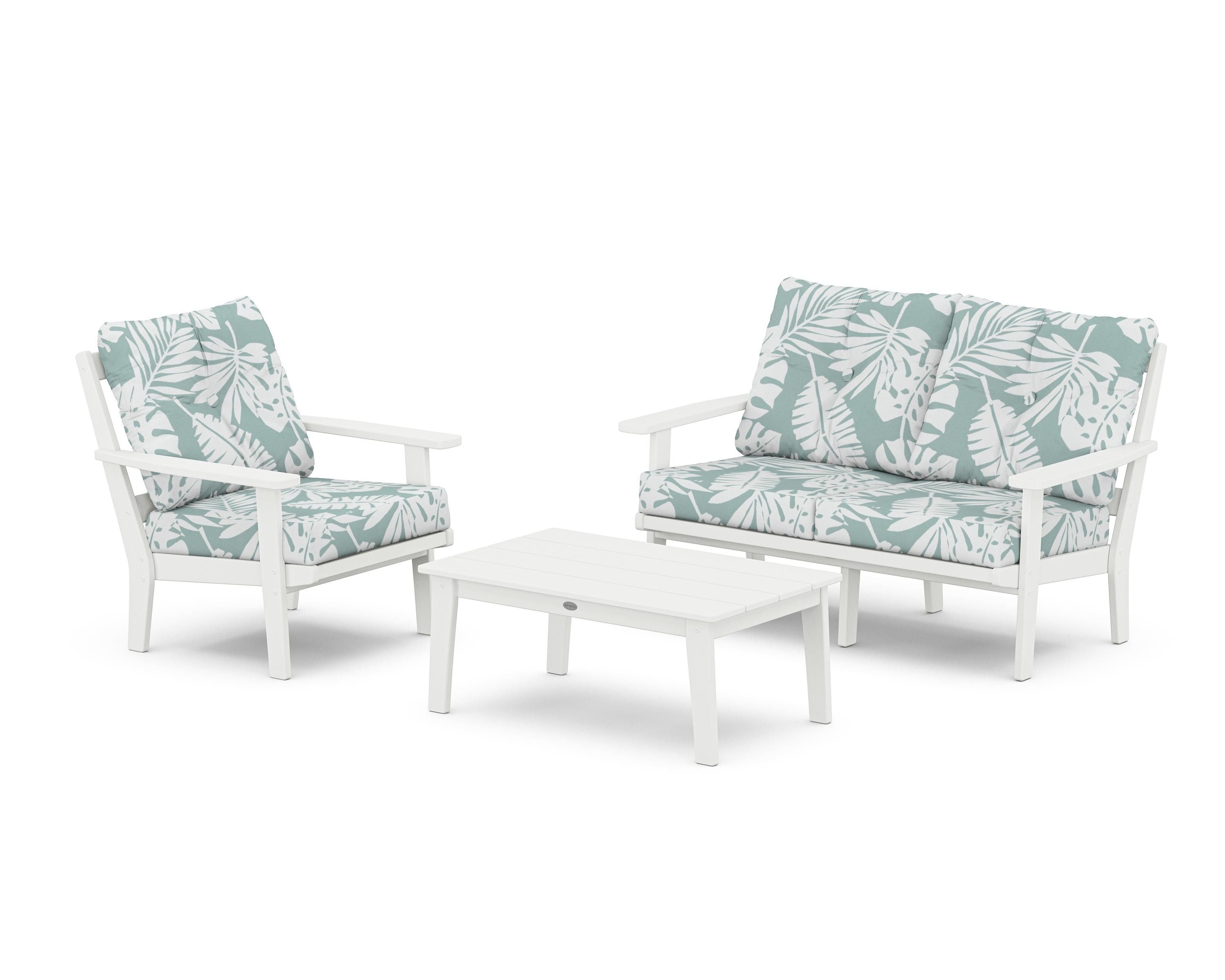 POLYWOOD Oxford 3-Piece Deep Seating Set with Loveseat in White / Leaf Glacier Spa
