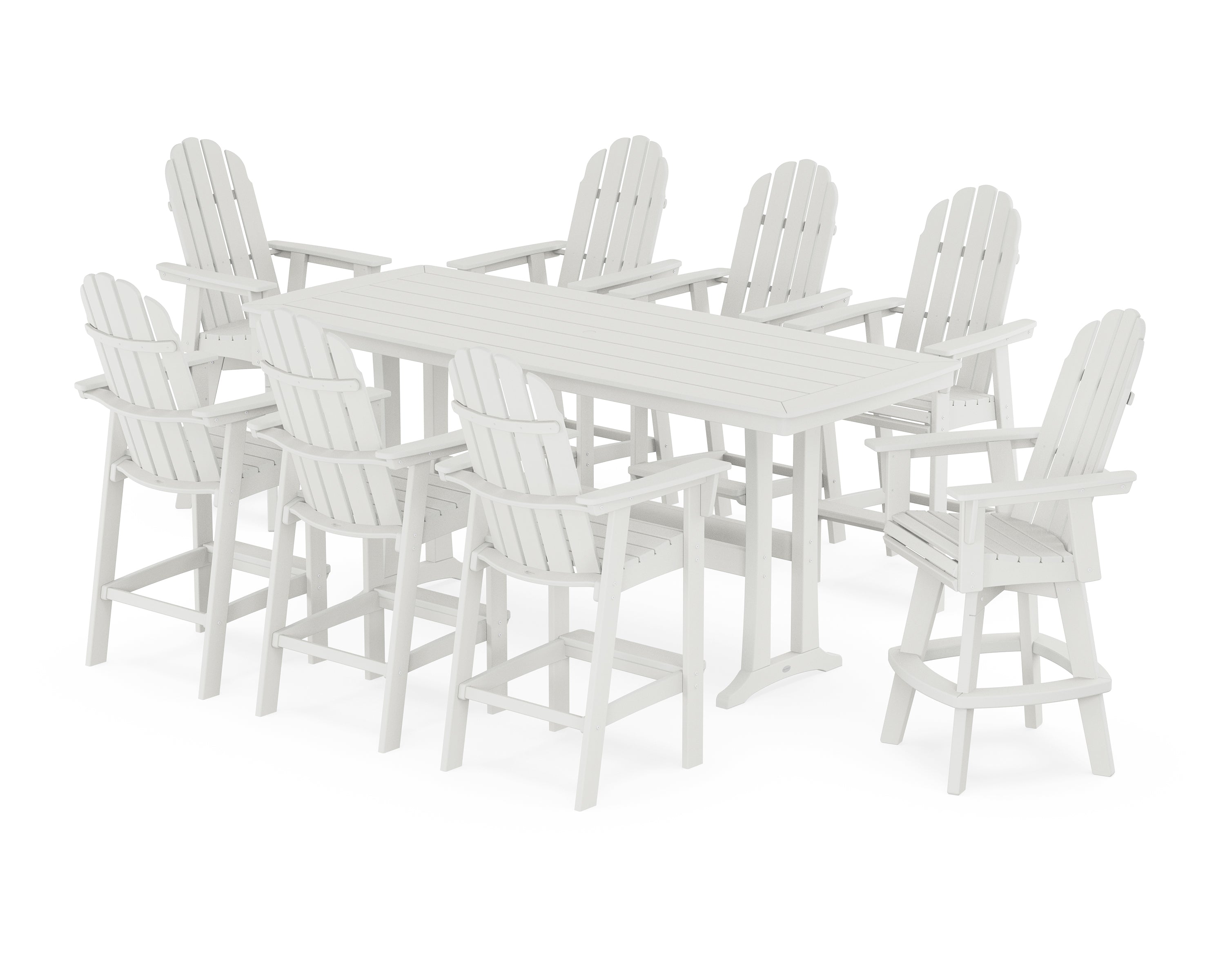 POLYWOOD® Vineyard Curveback Adirondack Swivel 9-Piece Bar Set with Trestle Legs in Vintage White