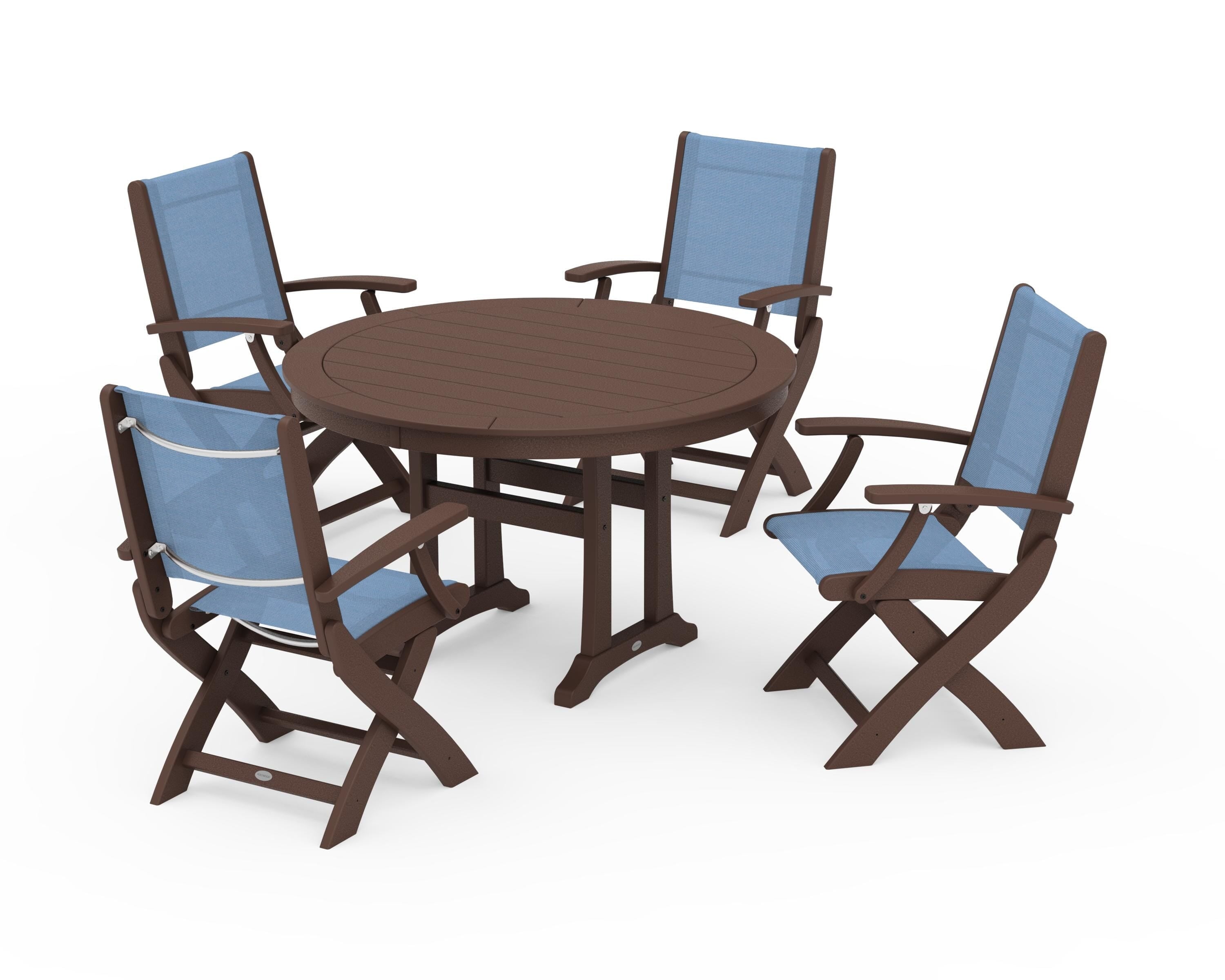 POLYWOOD Coastal Folding Chair 5-Piece Round Dining Set with Trestle Legs in Mahogany / Poolside Sling
