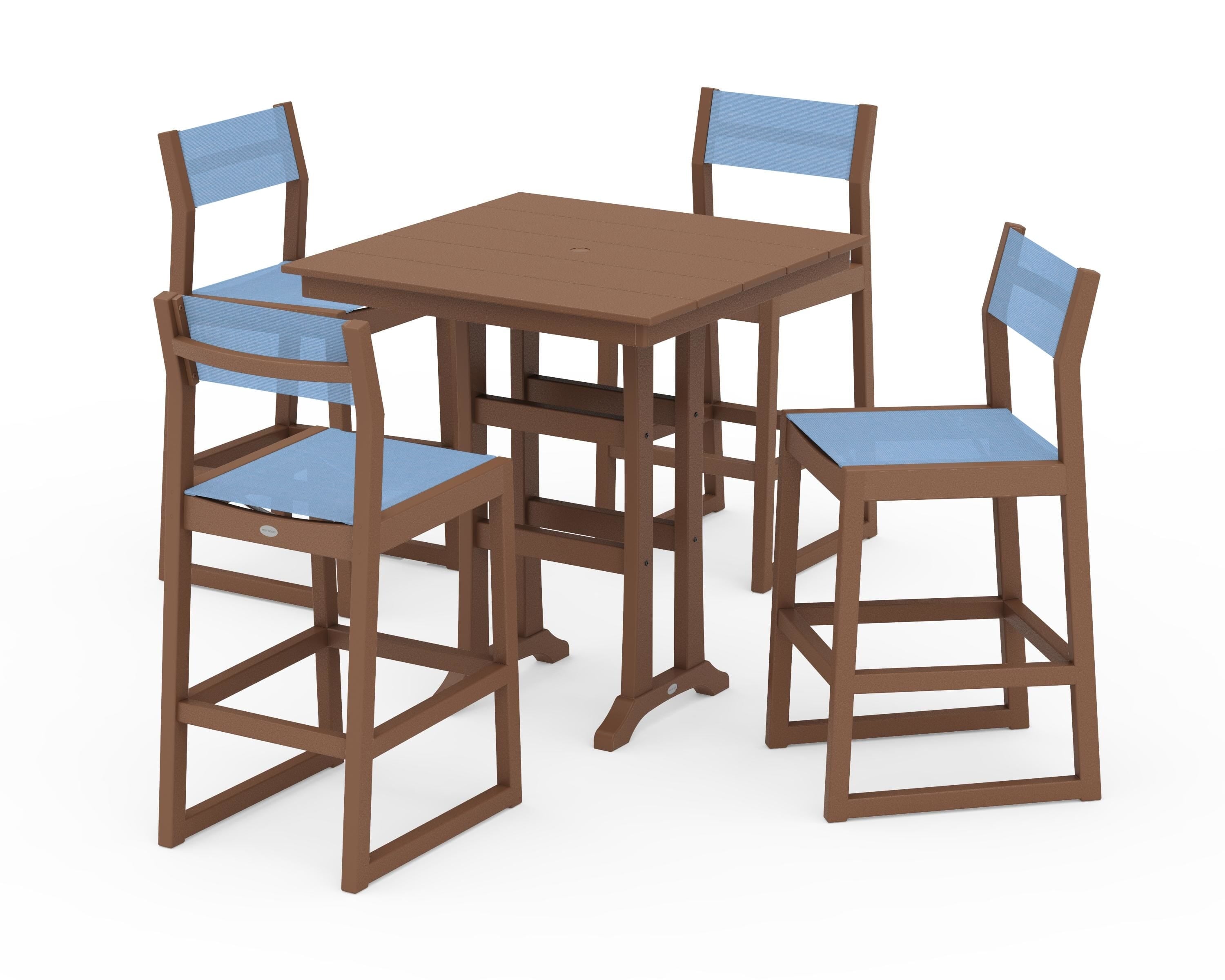 POLYWOOD EDGE Sling Arm Chair 5-Piece Farmhouse Bar Set with Trestle Legs in Teak / Poolside Sling