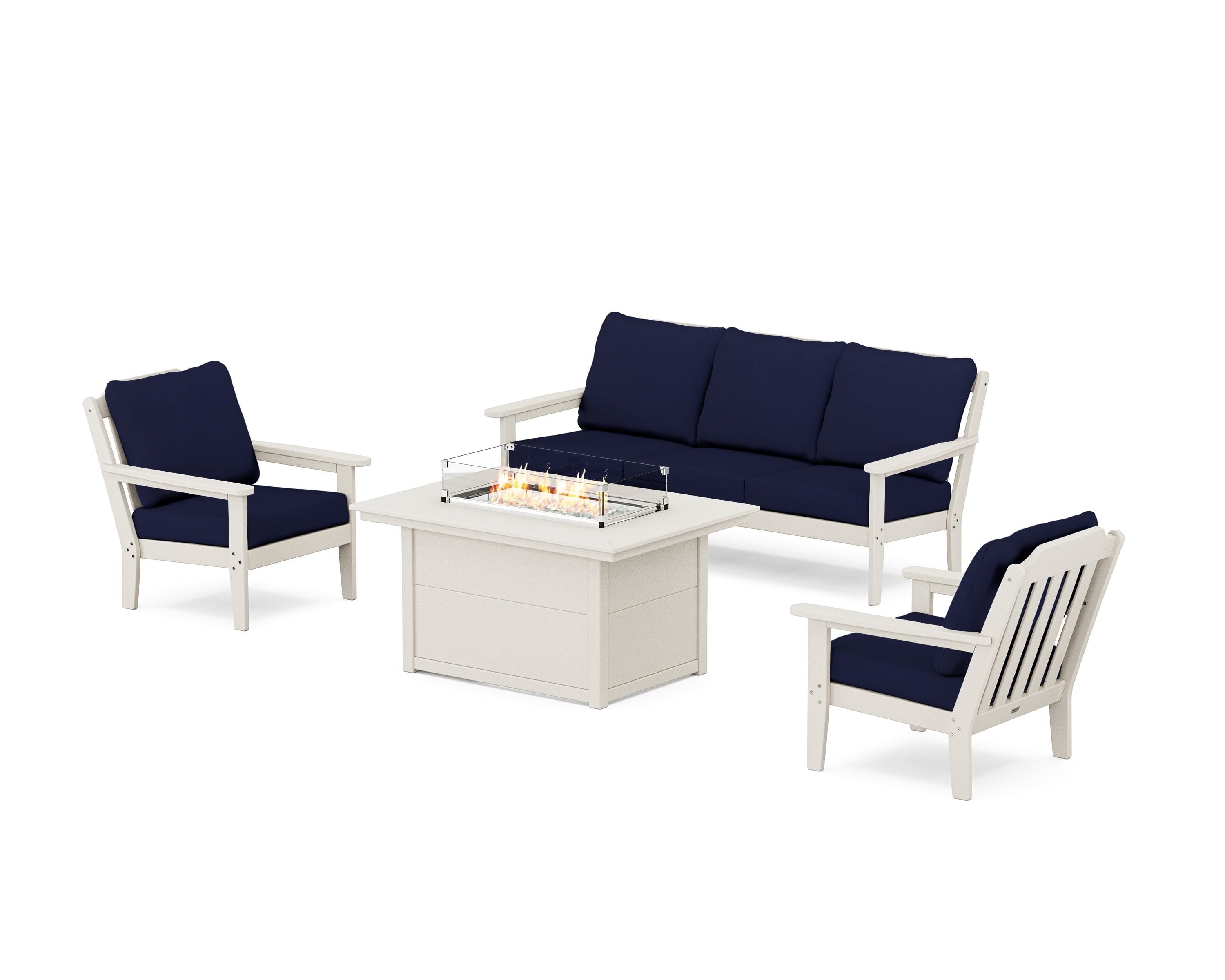 Country Living Cottage Deep Seating Fire Pit Table Set in Sand / Navy
