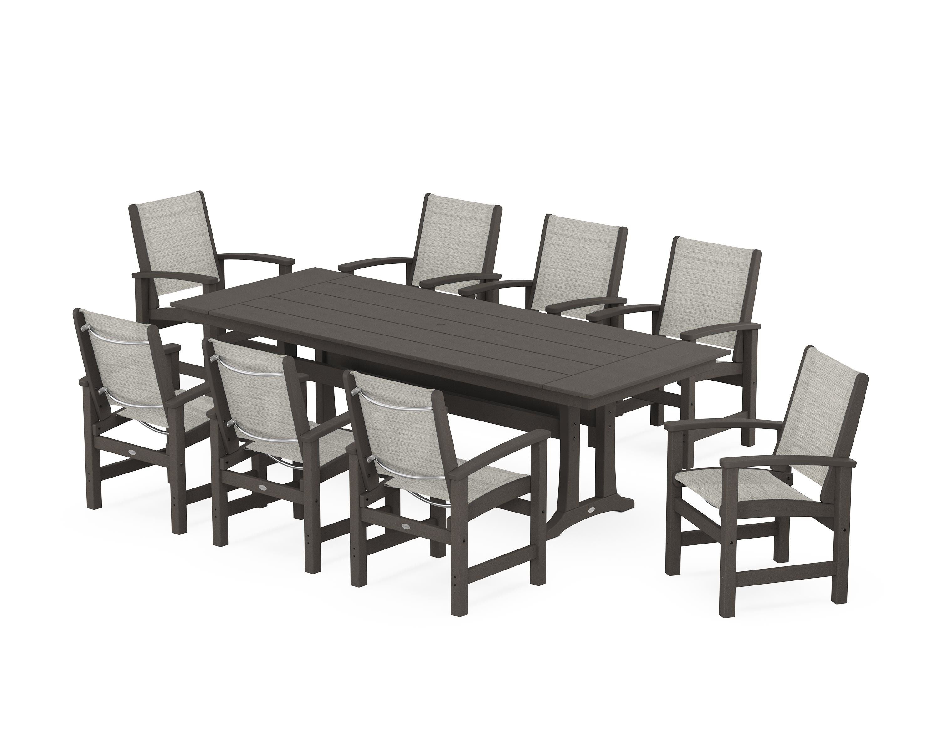 POLYWOOD Coastal 9-Piece Farmhouse Dining Set with Trestle Legs in Vintage Coffee / Birch Sling