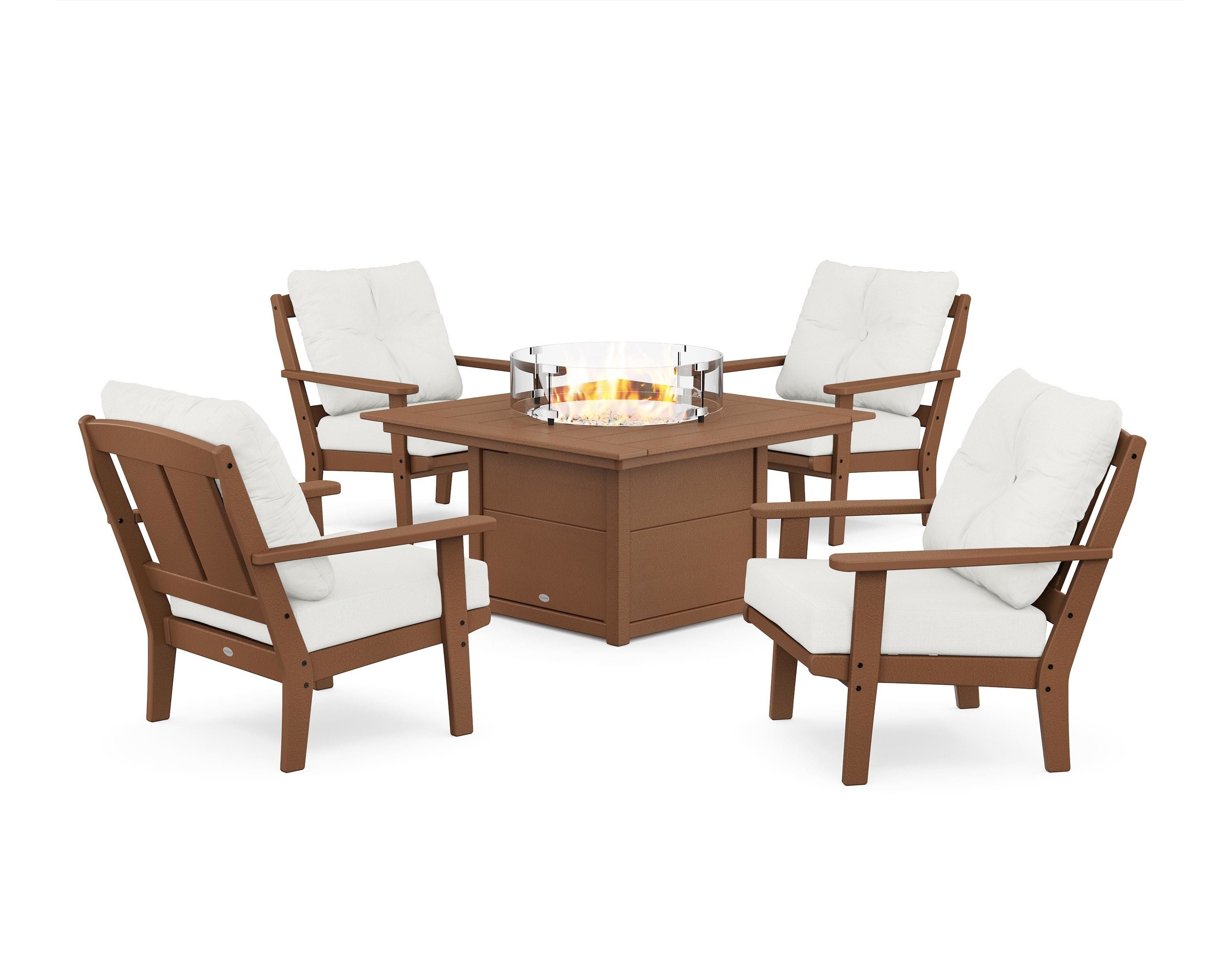 POLYWOOD Mission 5-Piece Deep Seating Set with Fire Pit Table in Teak / Natural Linen
