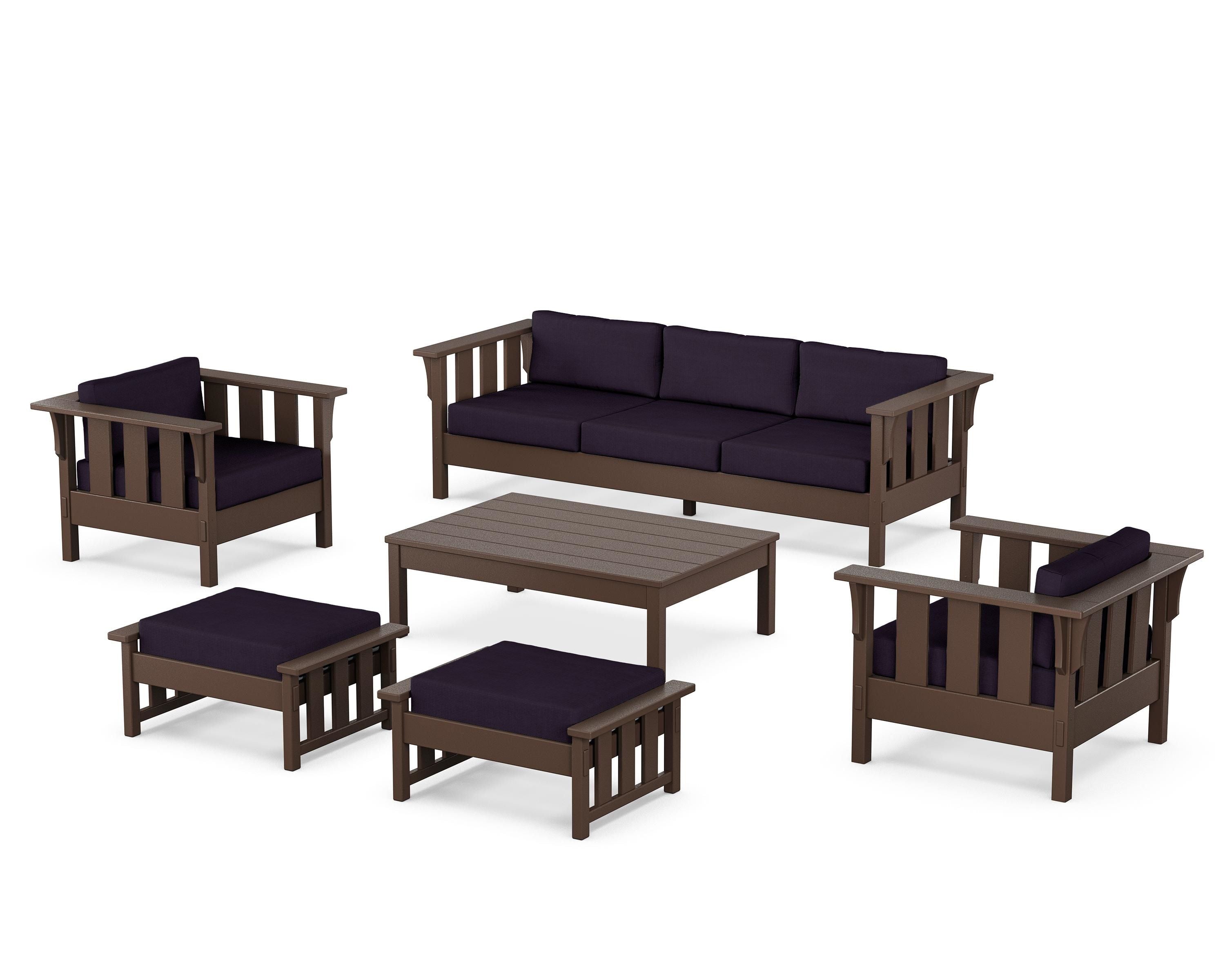 Martha Stewart by POLYWOOD Acadia 6-Piece Lounge Sofa Set in Mahogany / Navy Linen