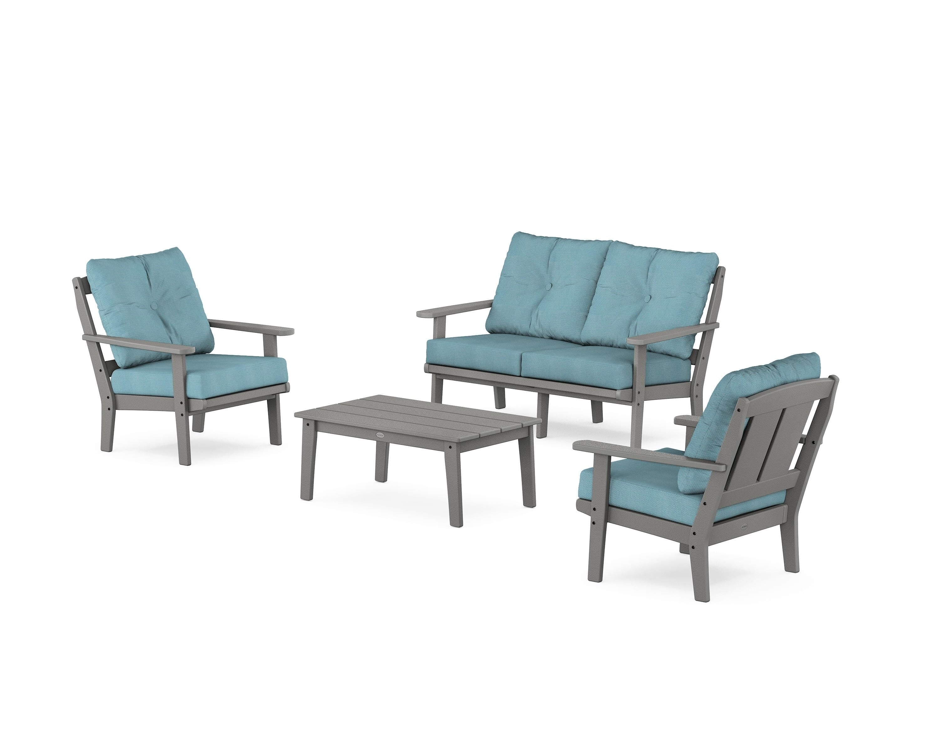 POLYWOOD Mission 4-Piece Deep Seating Set with Loveseat in Slate Grey / Lattice Sky Blue