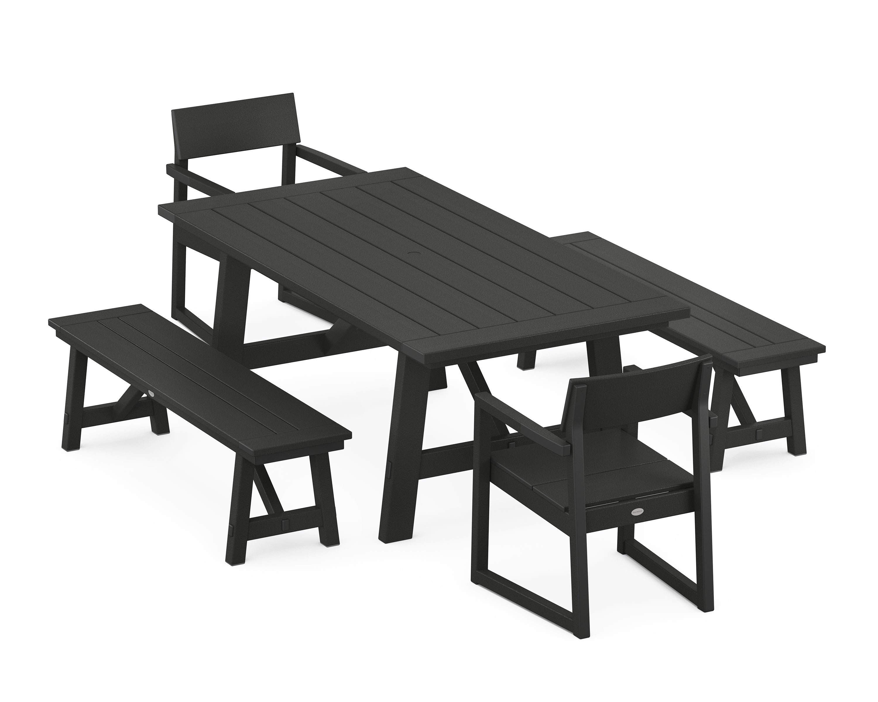POLYWOOD EDGE 5-Piece Rustic Farmhouse Dining Set With Benches in Black