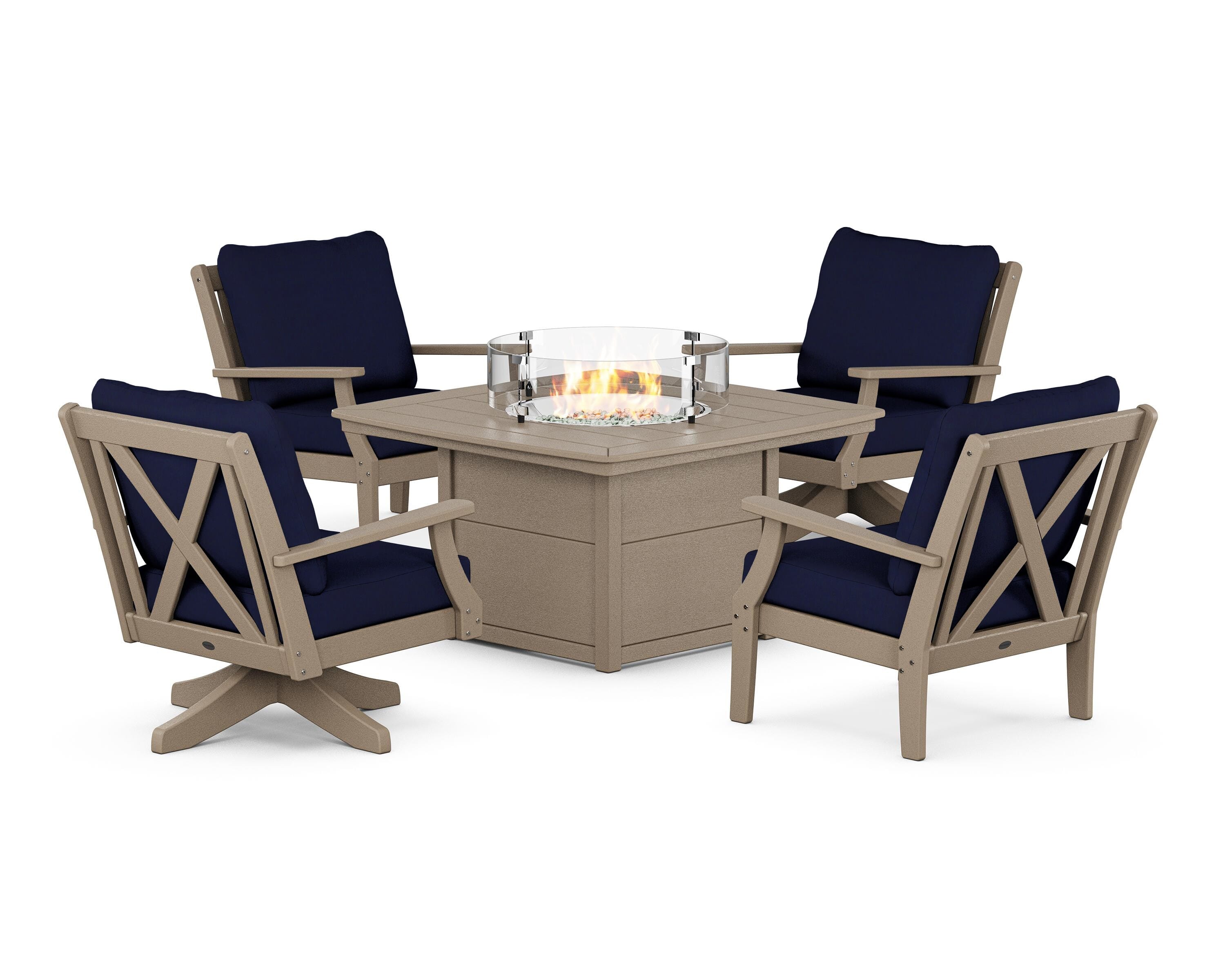POLYWOOD Braxton 5-Piece Deep Seating Set with Fire Table in Vintage Sahara / Navy