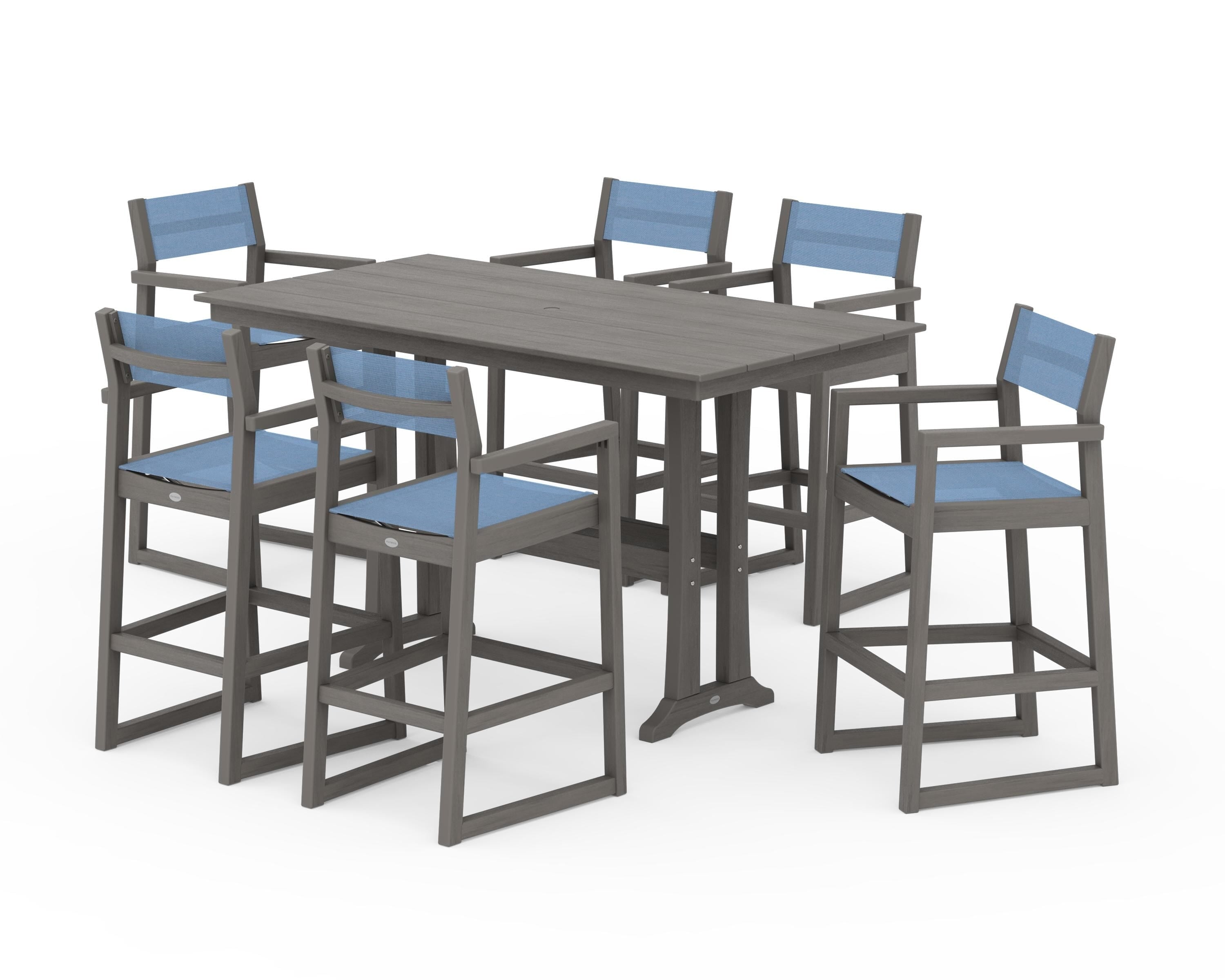 POLYWOOD EDGE Sling Arm Chair 7-Piece Farmhouse Bar Set with Trestle Legs in Driftwood / Poolside Sling