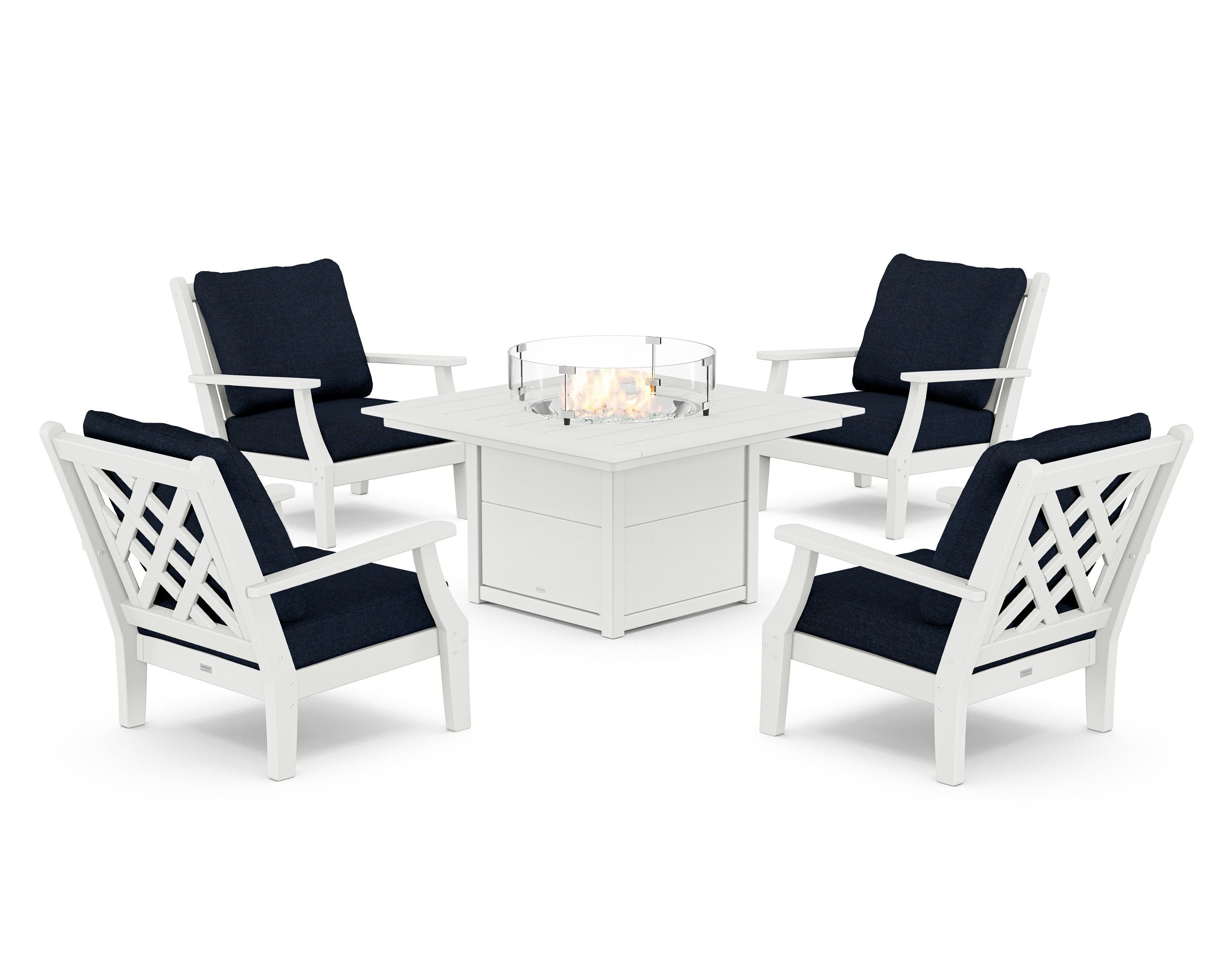 Country Living Wovendale 5-Piece Deep Seating Set with Fire Pit Table in White / Marine Indigo