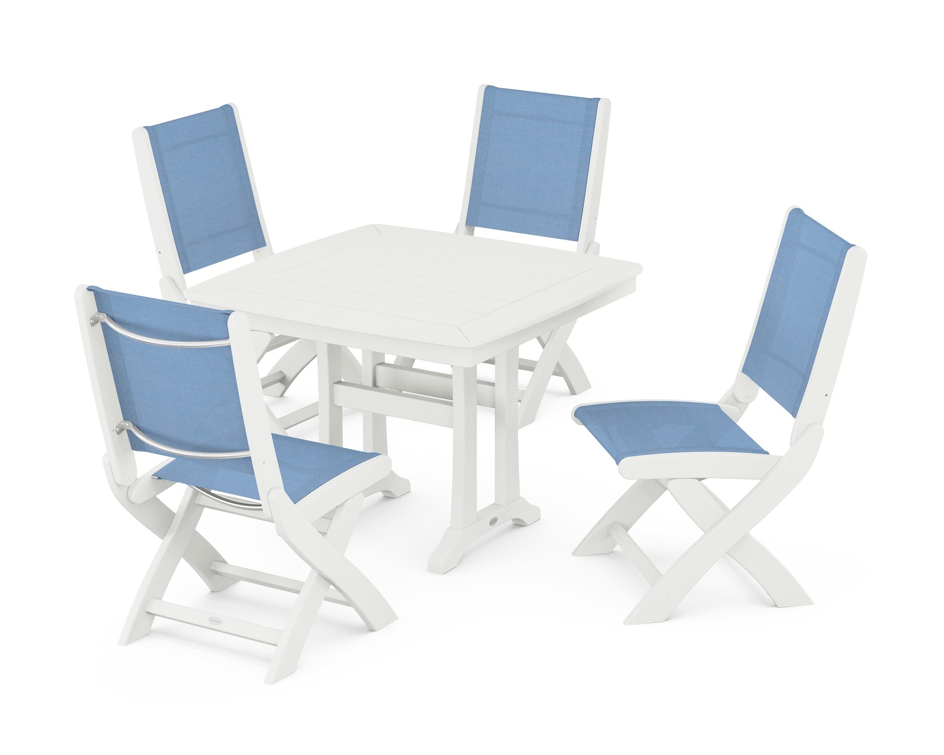 POLYWOOD Coastal Folding Side Chair 5-Piece Dining Set with Trestle Legs in Vintage White / Poolside Sling