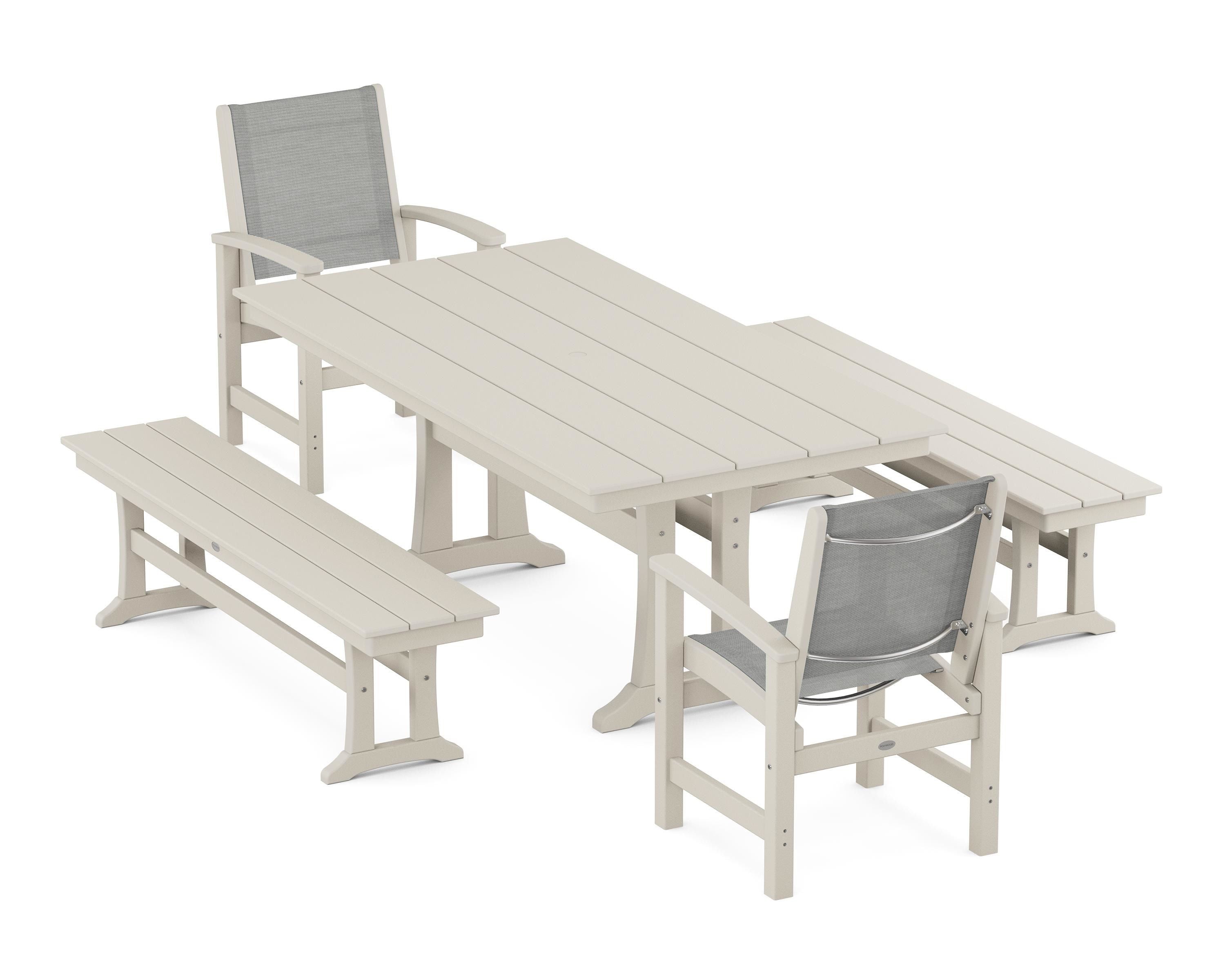 POLYWOOD Coastal 5-Piece Farmhouse Dining Set with Trestle Legs and Benches in Sand / Metallic Sling
