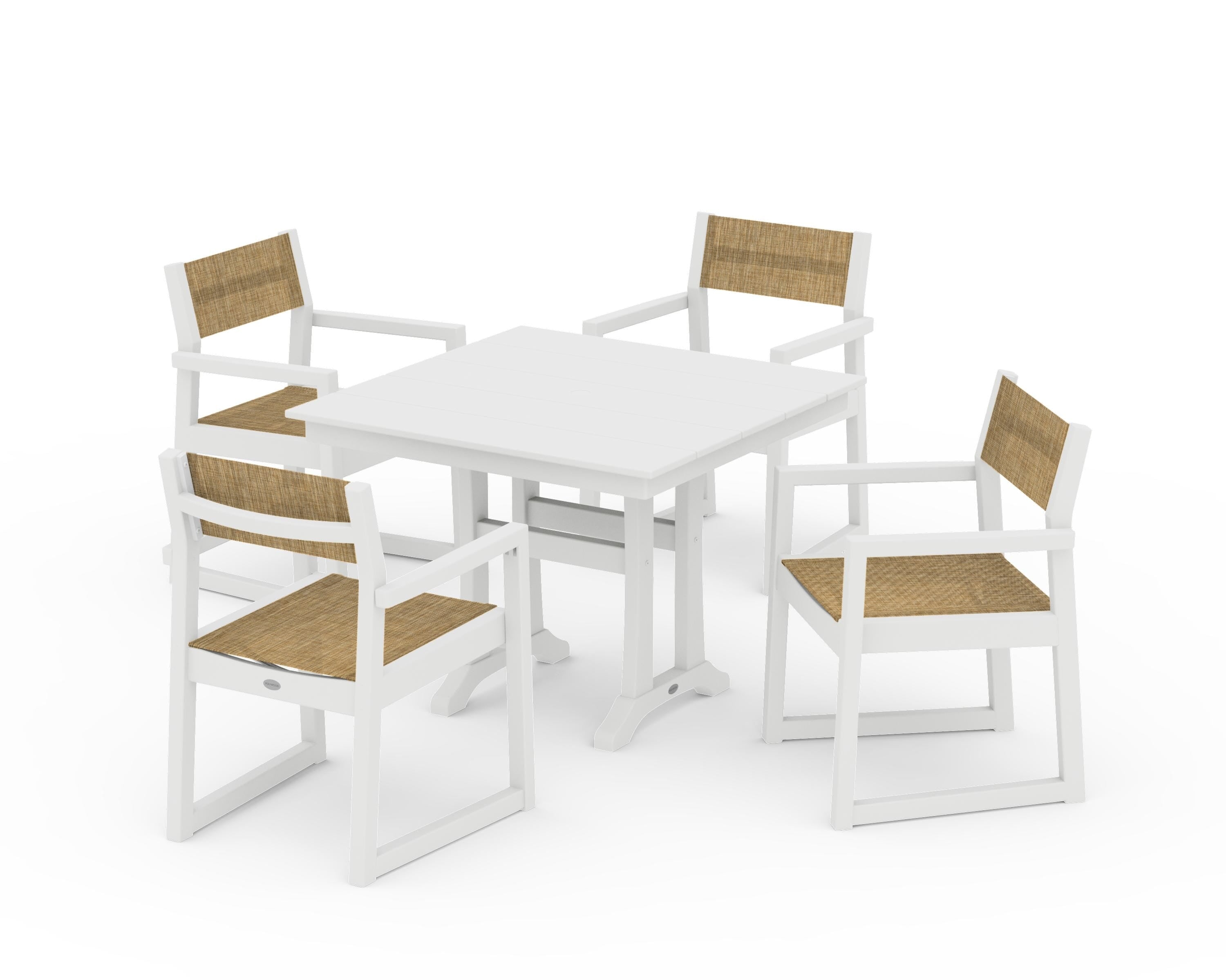 POLYWOOD EDGE Sling 5-Piece Farmhouse Dining Set with Trestle Legs in White / Burlap Sling