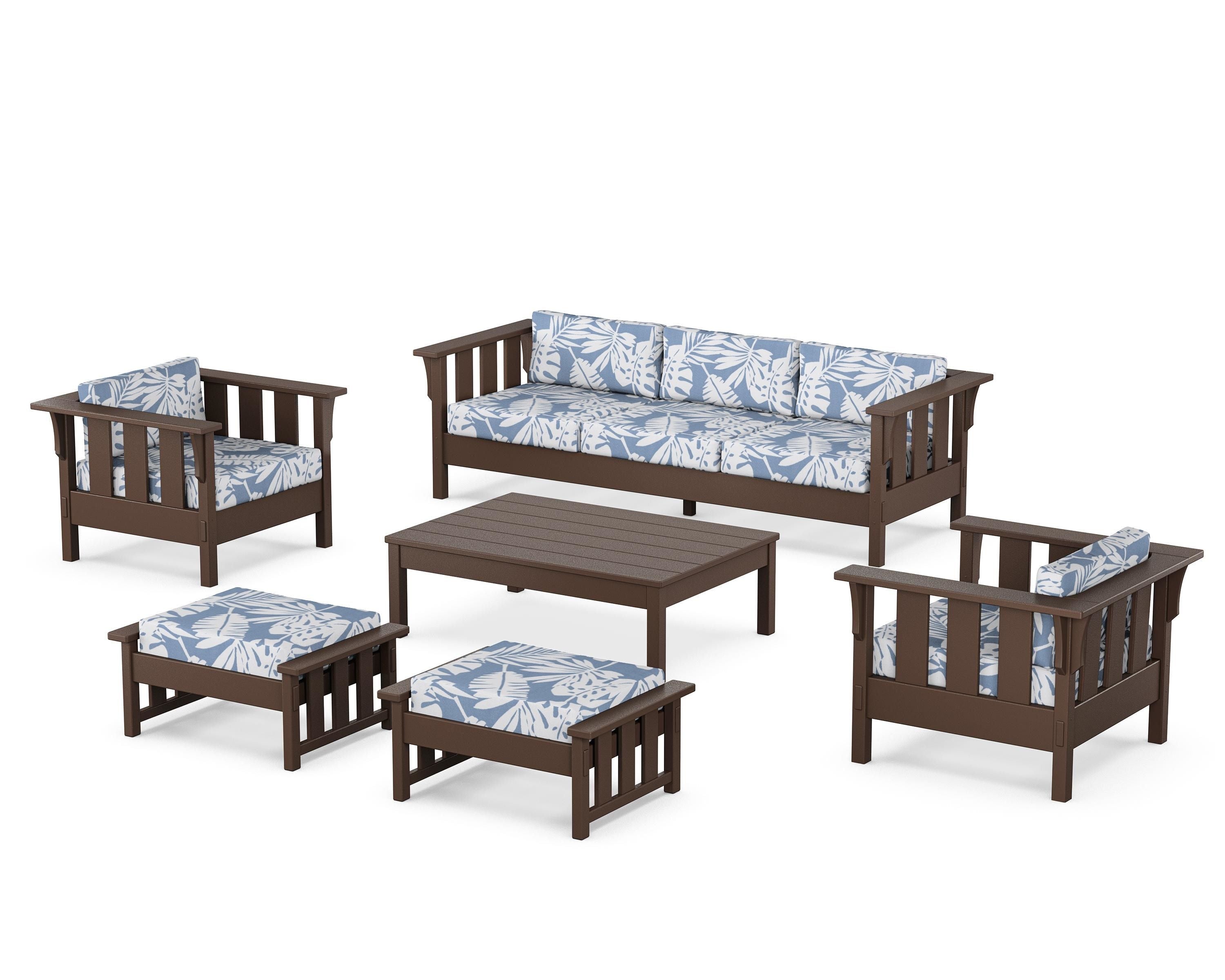 Martha Stewart by POLYWOOD Acadia 6-Piece Lounge Sofa Set in Mahogany / Leaf Sky Blue