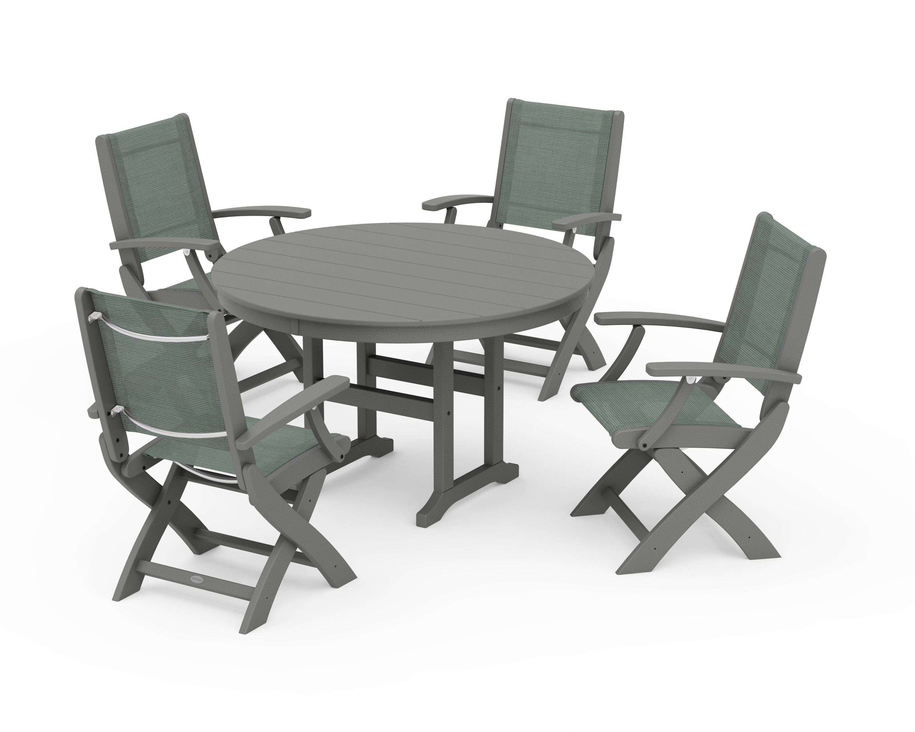 POLYWOOD Coastal Folding Chair 5-Piece Round Dining Set in Slate Grey / Dupioni Sea Mist Sling
