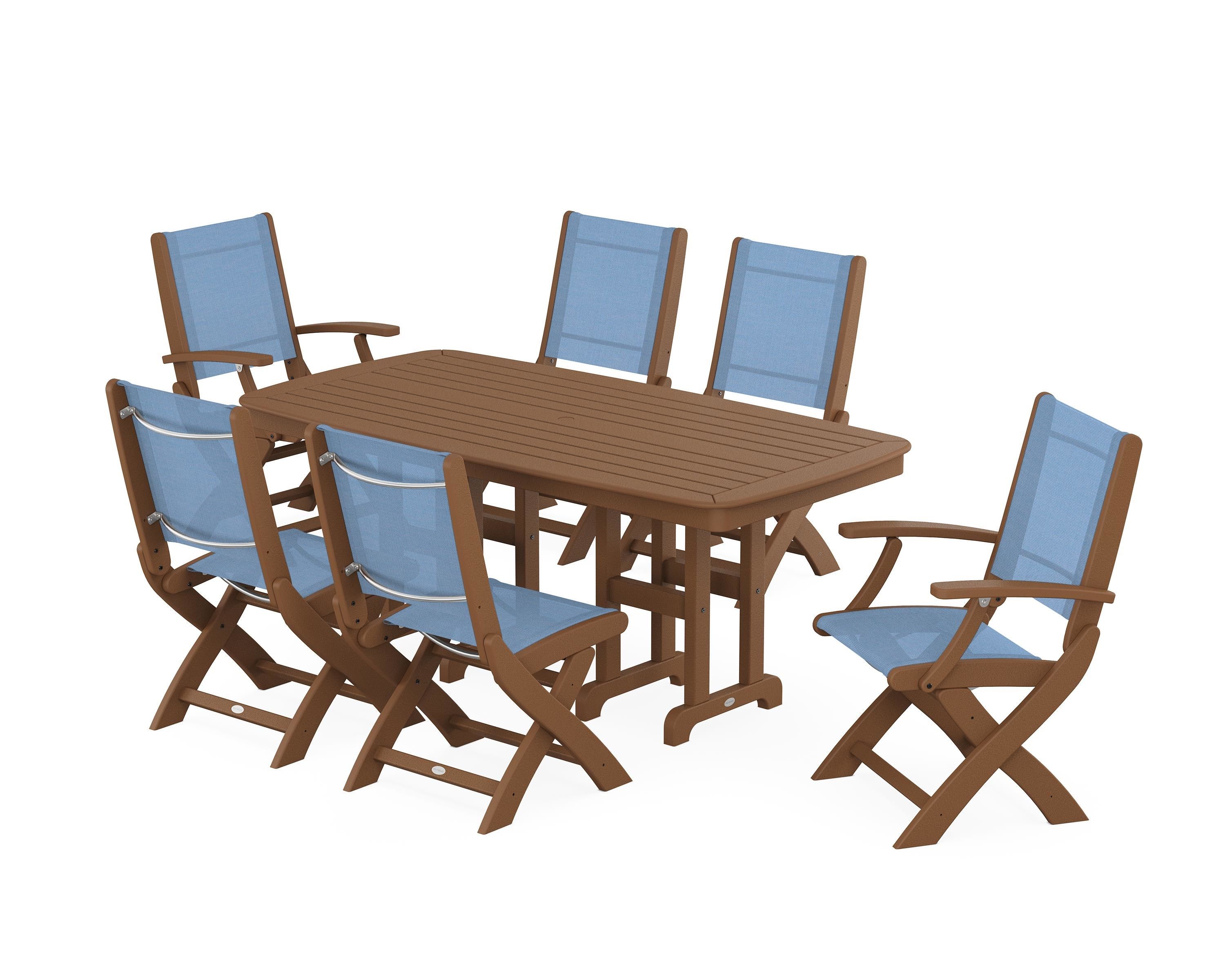 POLYWOOD Coastal Folding Chair 7-Piece Dining Set in Teak / Poolside Sling