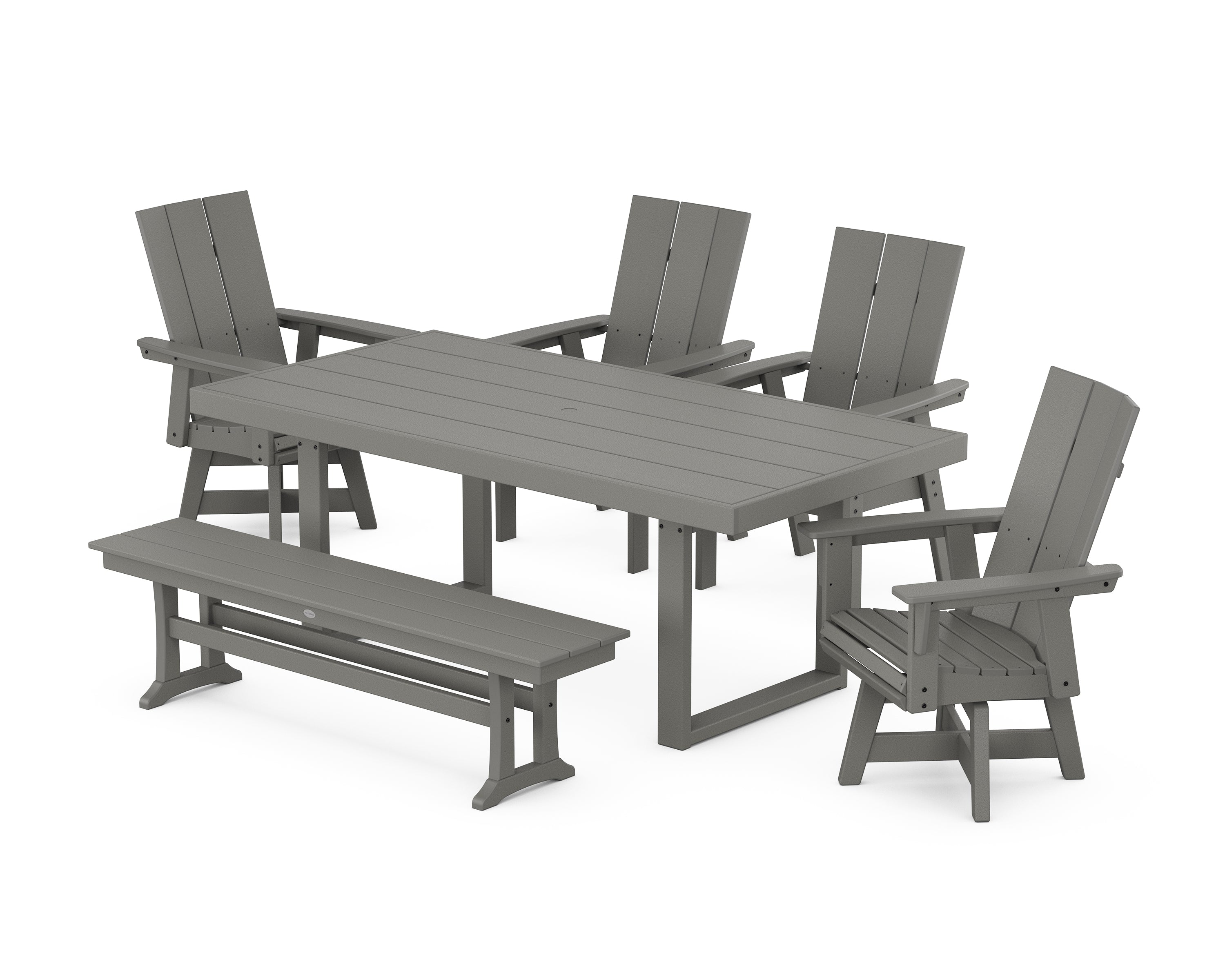 POLYWOOD Modern Curveback Adirondack Swivel Chair 6-Piece Dining Set with Bench in Slate Grey