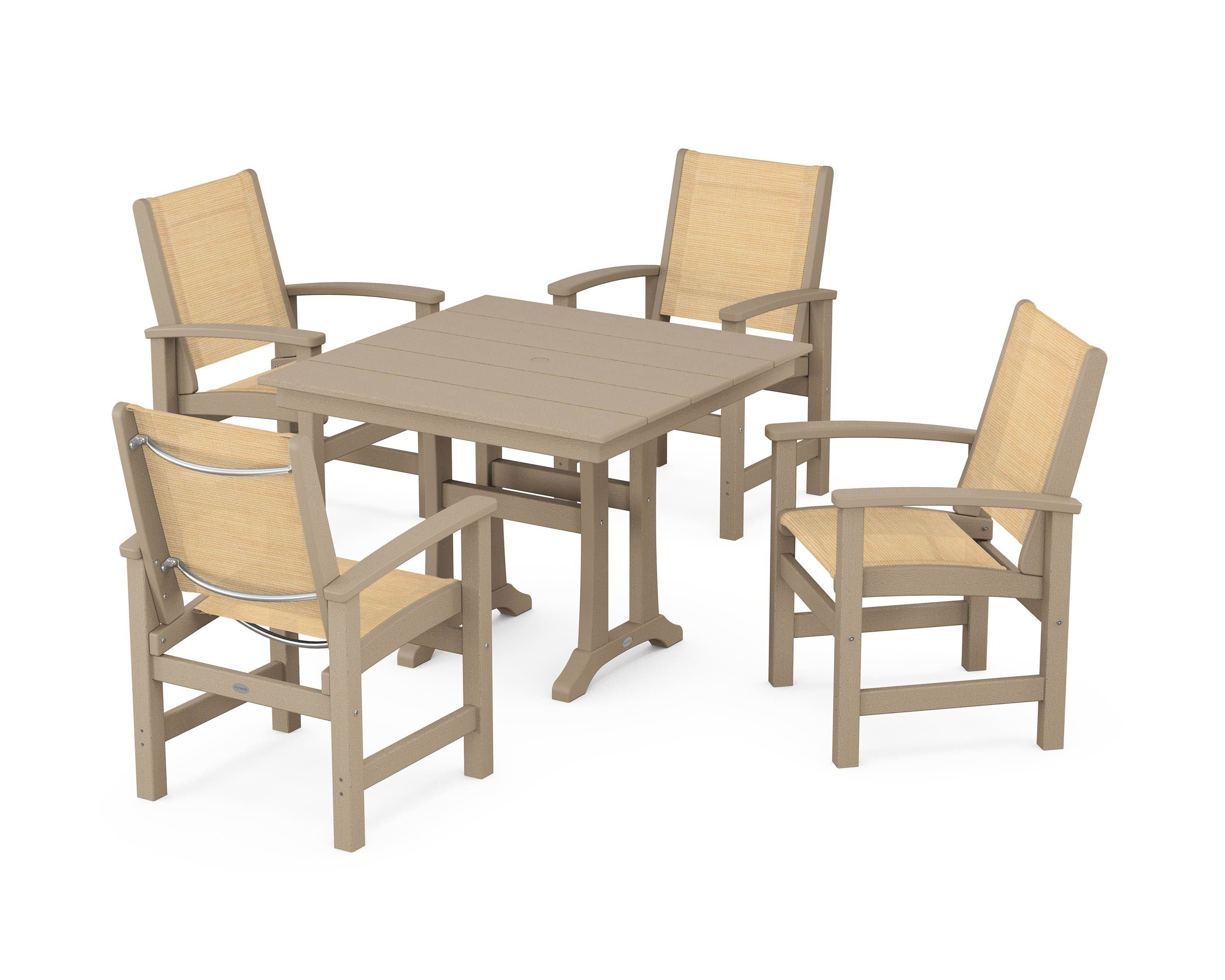 POLYWOOD Coastal 5-Piece Farmhouse Dining Set With Trestle Legs in Vintage Sahara / Dupioni Apricot Sling