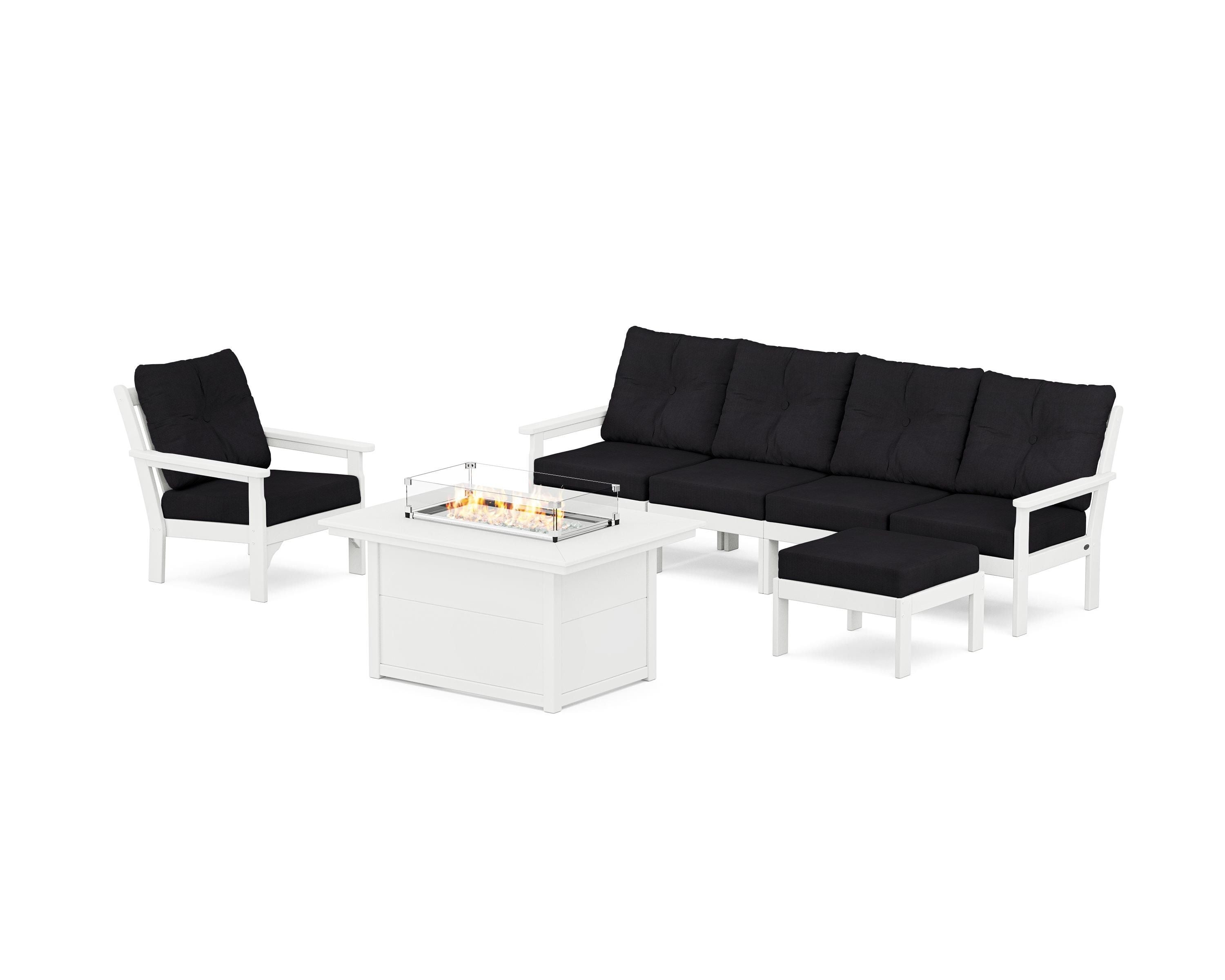 POLYWOOD Vineyard Sectional Lounge and Fire Pit Set in White / Midnight Linen