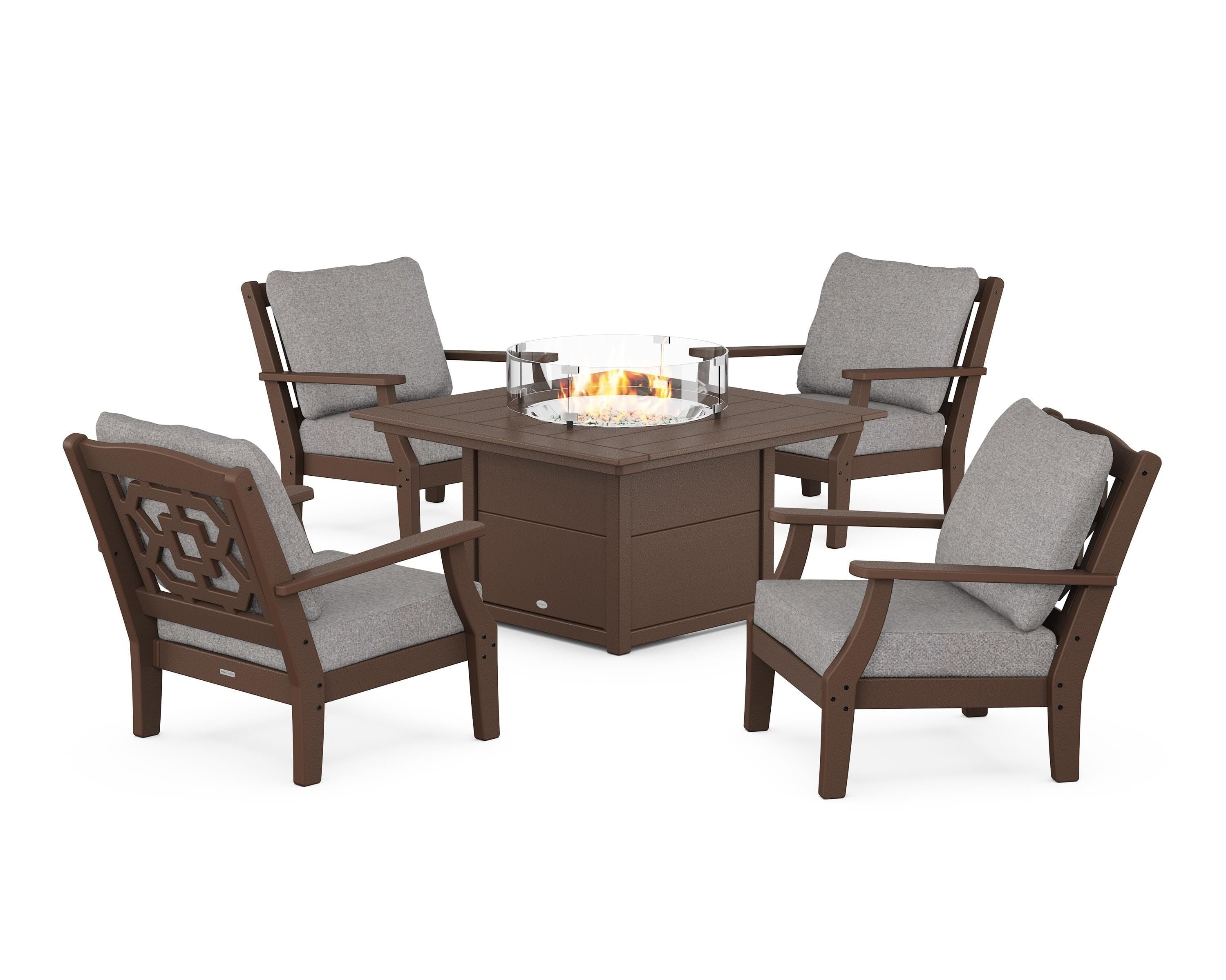 Martha Stewart by POLYWOOD Chinoiserie 5-Piece Deep Seating Set with Fire Pit Table in Mahogany / Grey Mist
