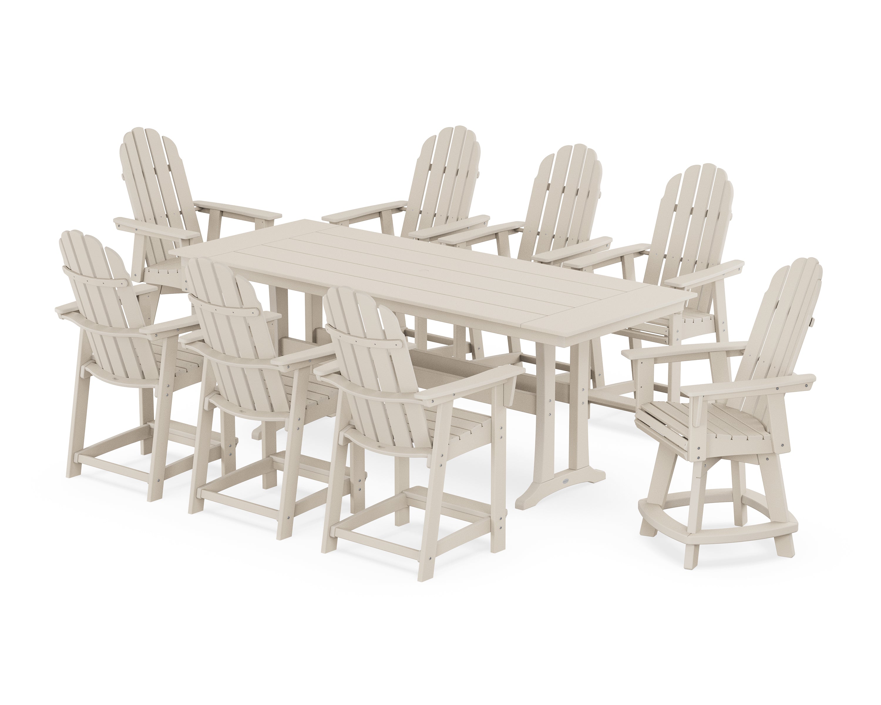 POLYWOOD® Vineyard Curveback Adirondack Swivel 9-Piece Farmhouse Counter Set with Trestle Legs in Sand