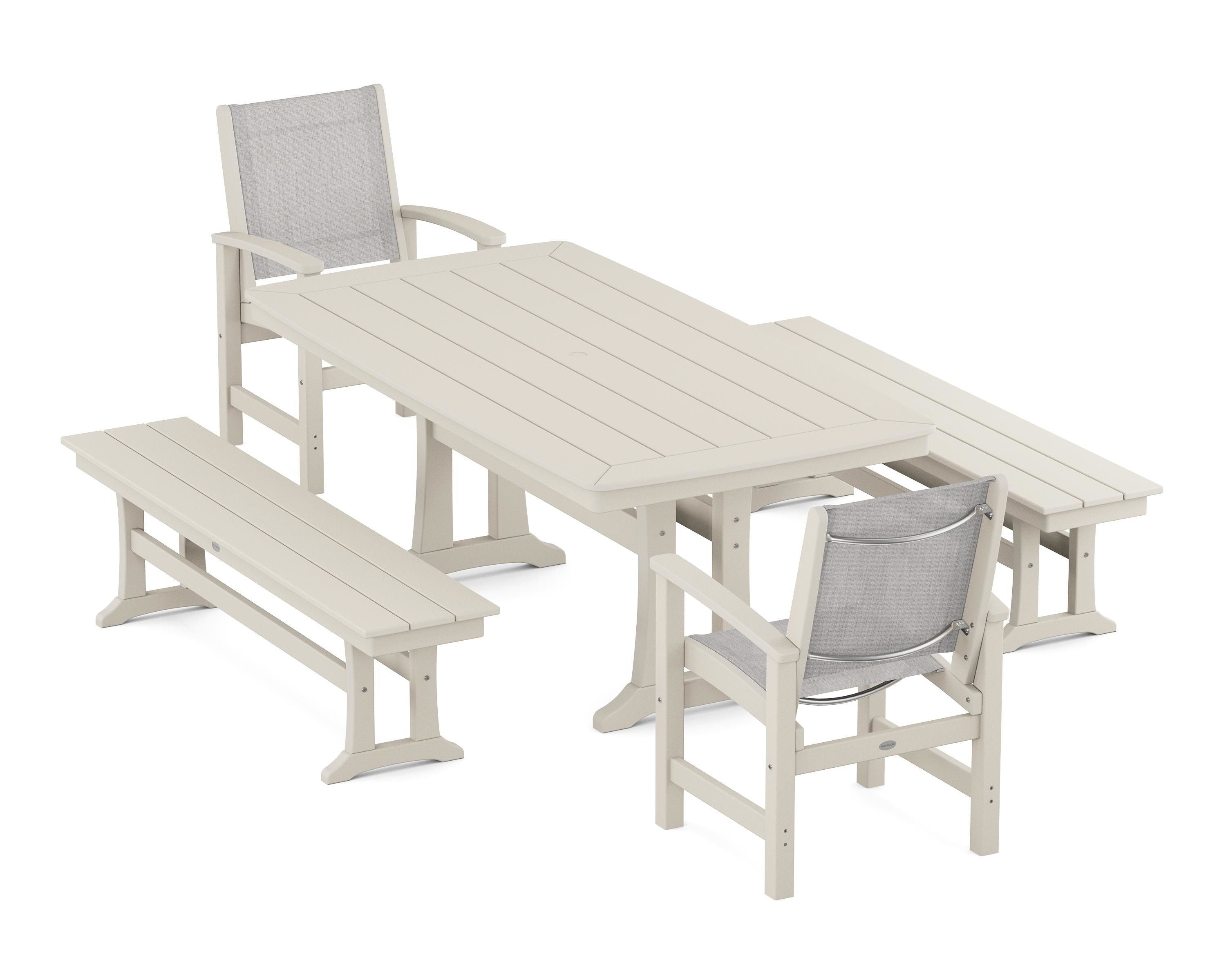 POLYWOOD Coastal 5-Piece Dining Set with Trestle Legs and Benches in Sand / Parchment Sling